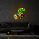 Christmas T - rex Santa claus Dinosaur bringing a glass of Beer and Partying Artwork Led Neon Sign - Reels Custom