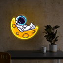 Cute Astronaut Lay On Moon Cartoon Artwork Led Neon Sign - Reels Custom
