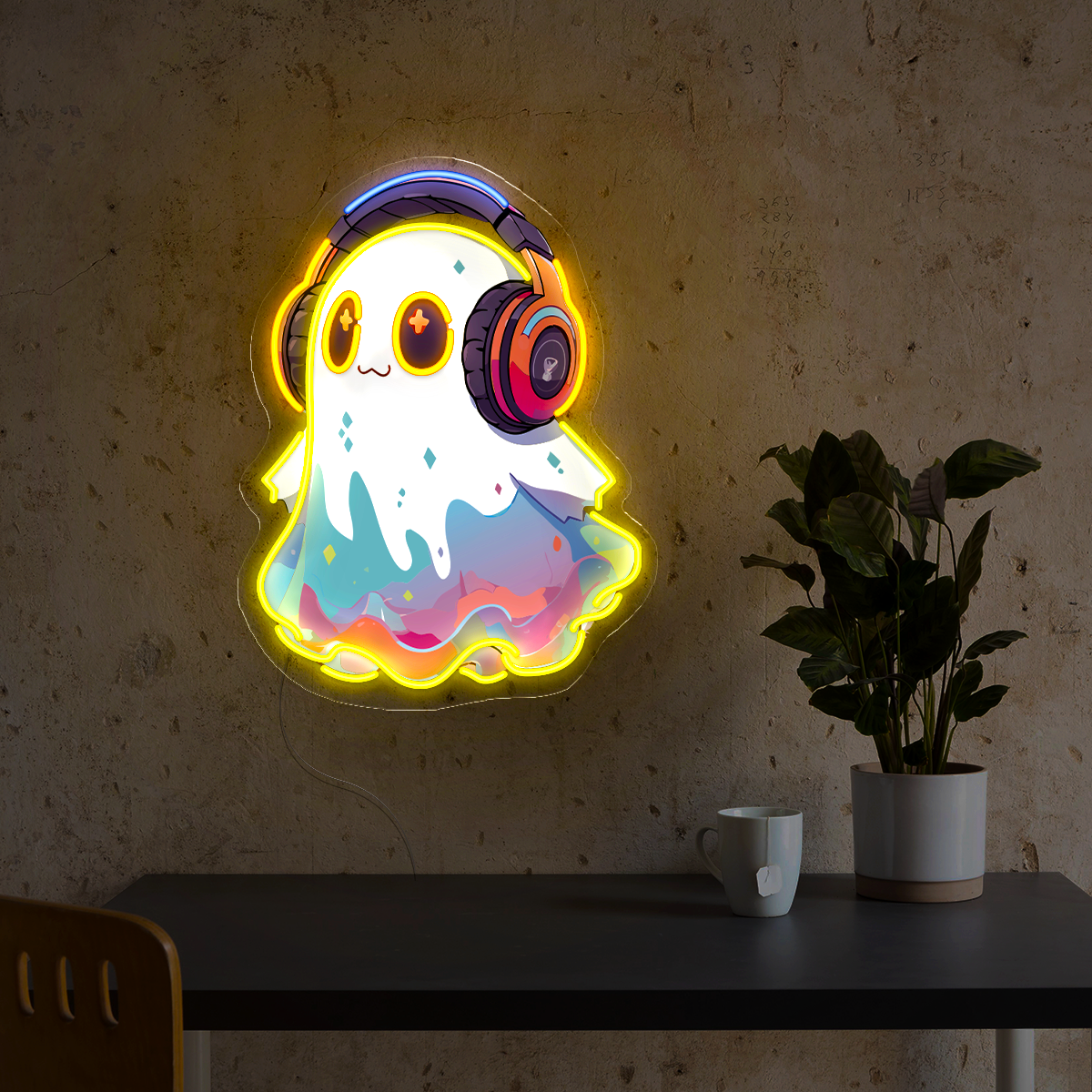 Cute Ghost With Headphones Artwork Led Neon Sign