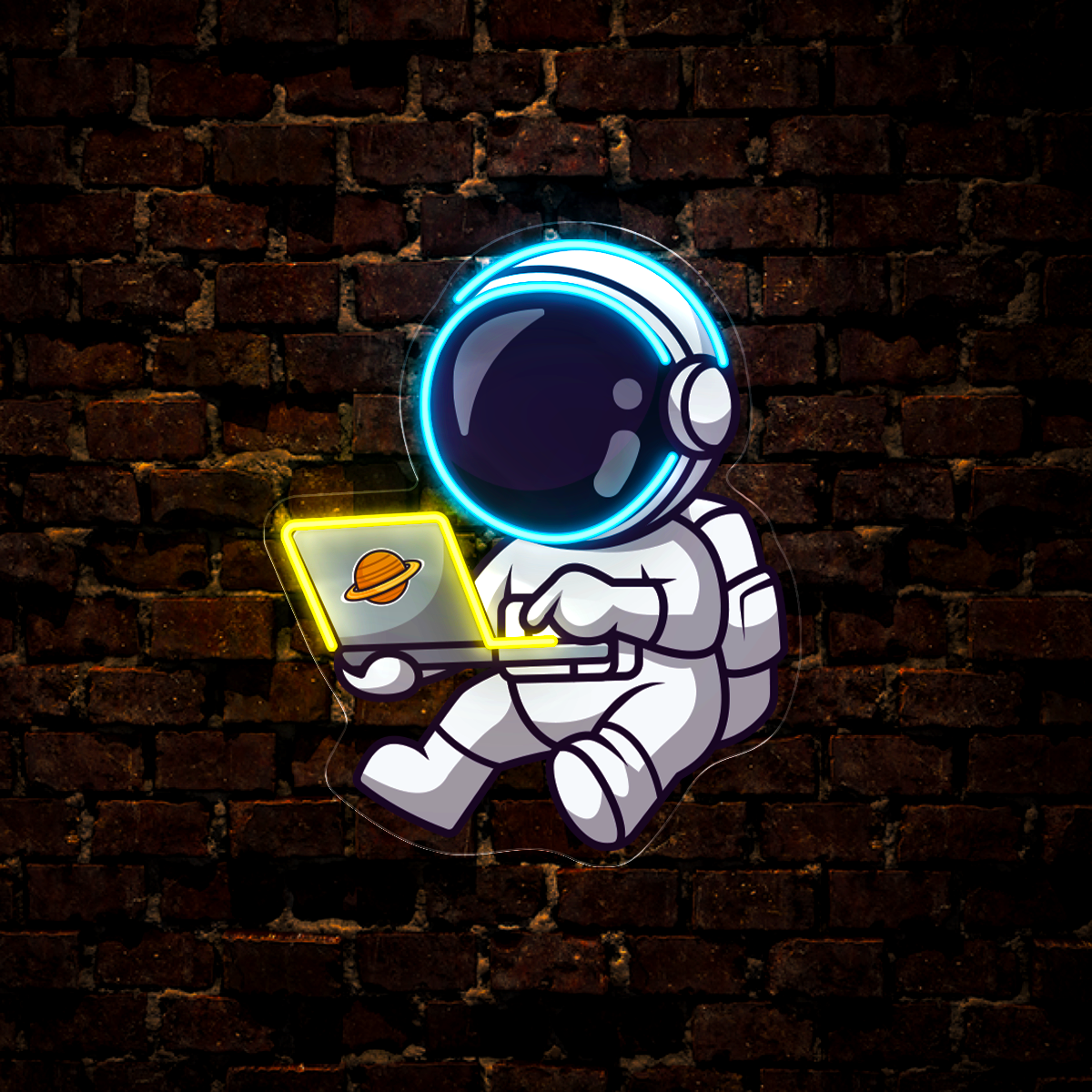 Cute Astronaut Working On Laptop In Space Artwork Led Neon Sign