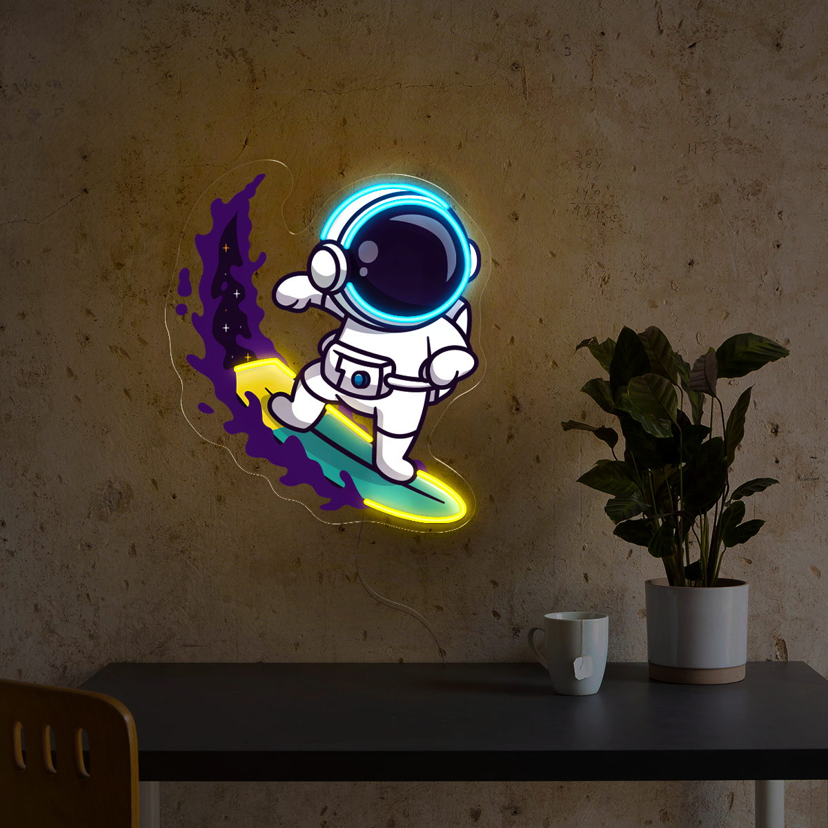 Cute Astronaut Surfing On Space Wave Artwork Led Neon Sign