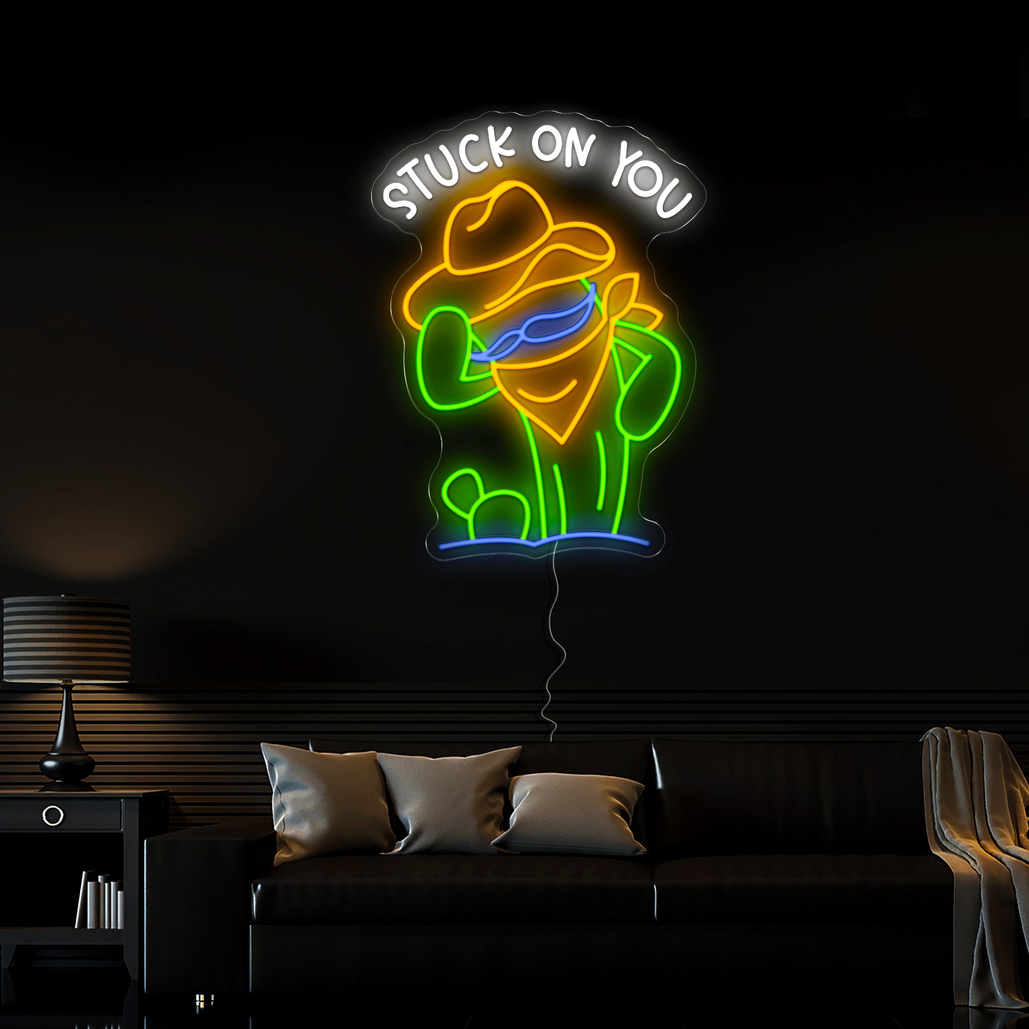 Stuck On You Cowboy Hat Cactus Horseshoes Led Neon Sign