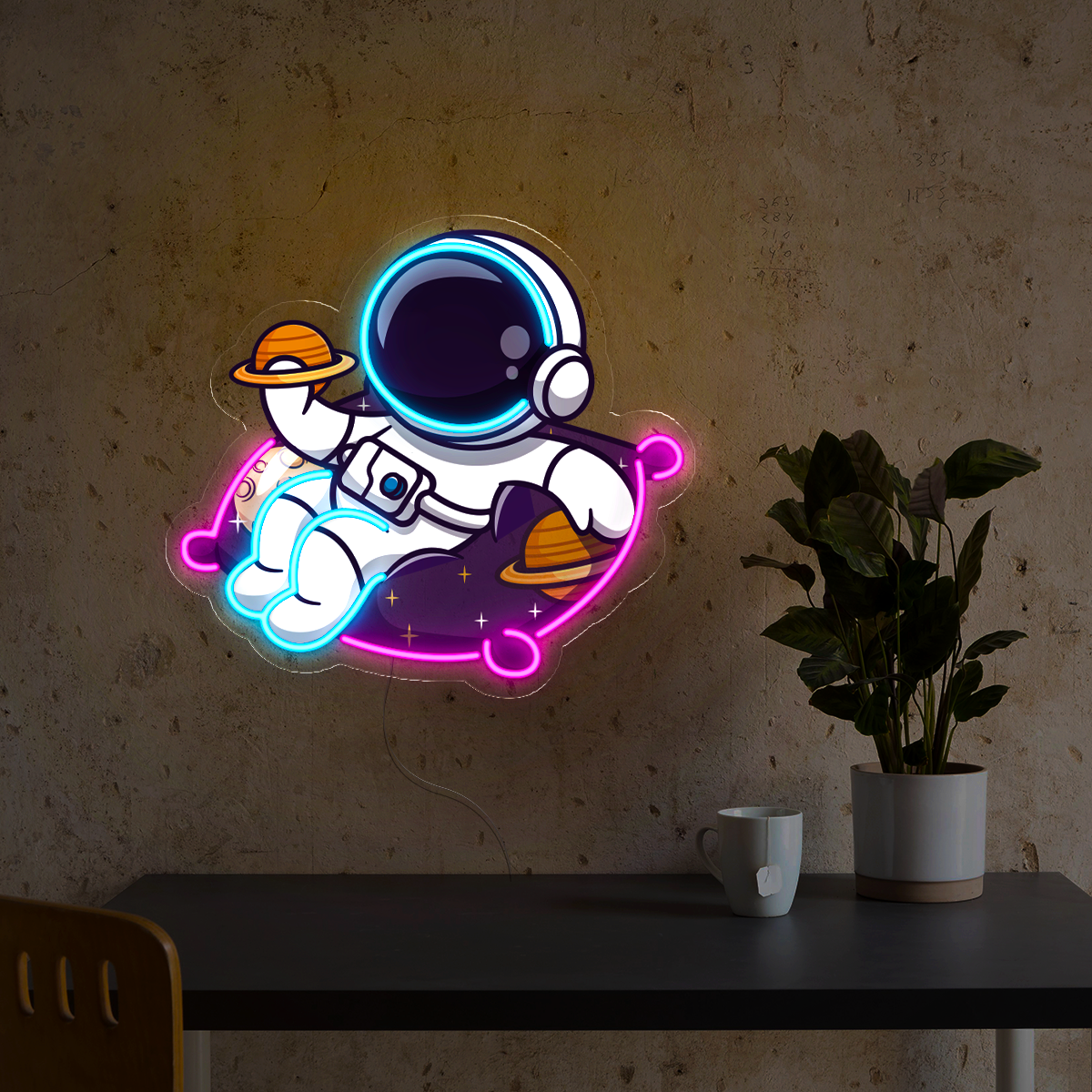 Cute Astronaut Holding Planet Artwork Led Neon Sign