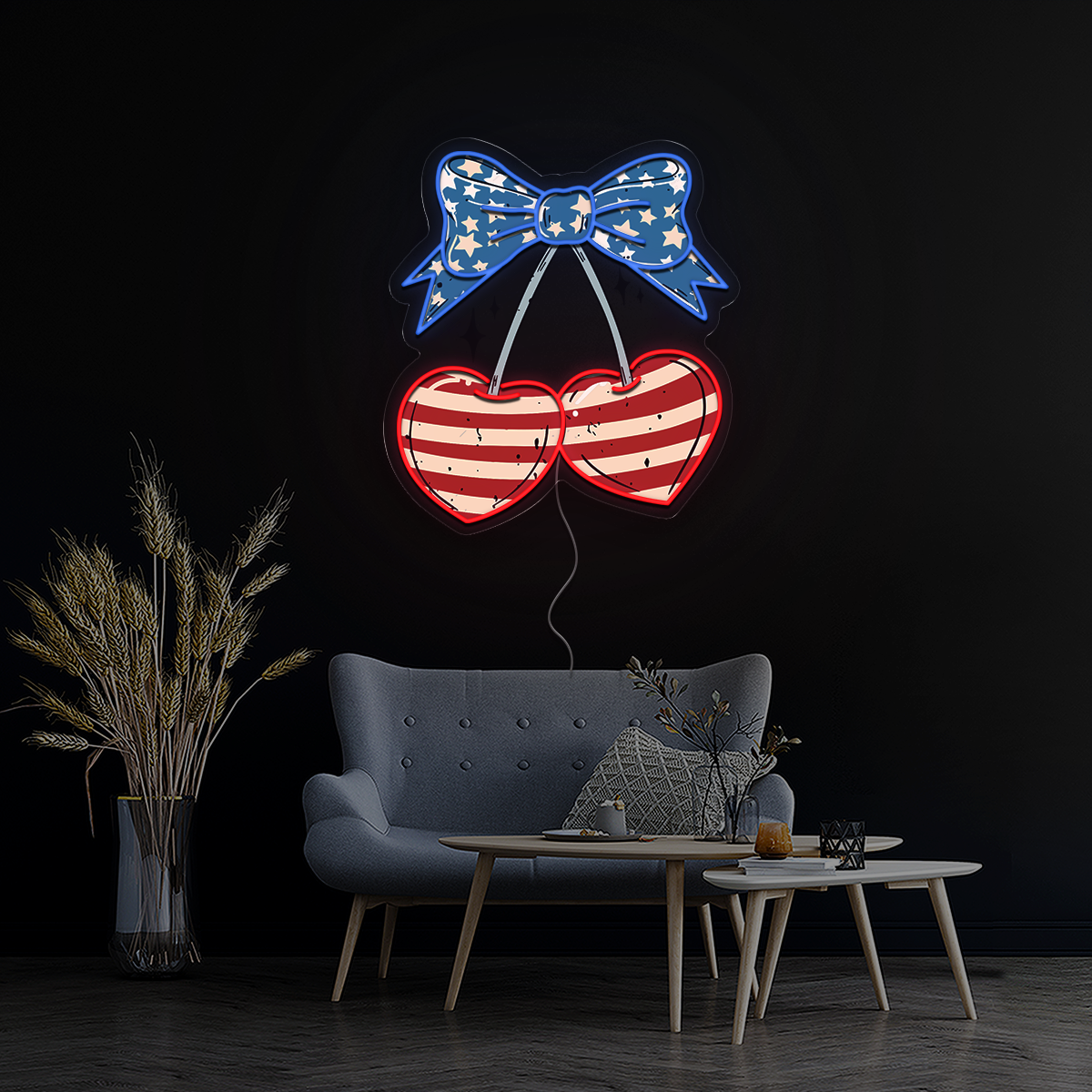 Cherry Coquette Bow 4th of July Artwork Led Neon Sign