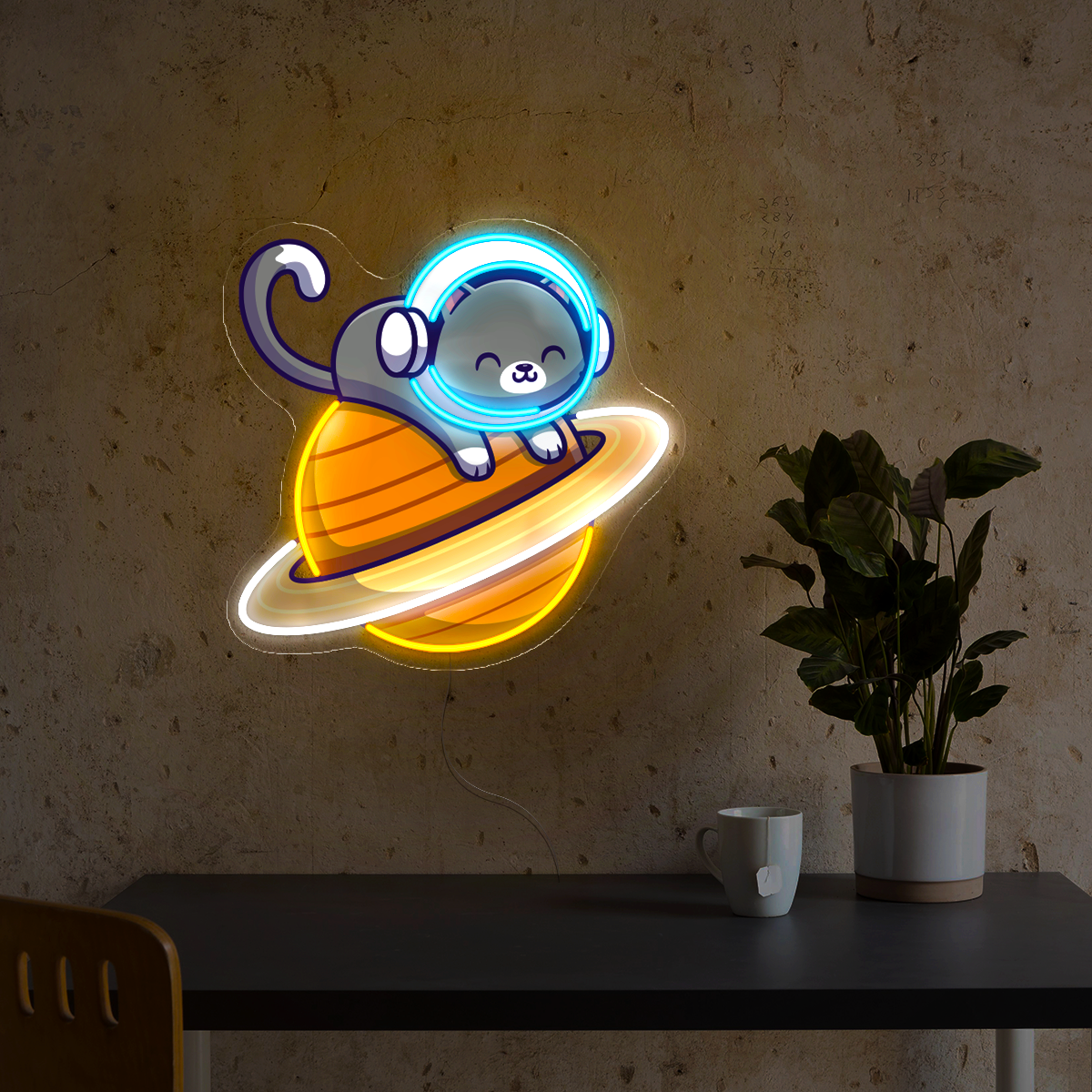 Cute Astronaut Cat Artwork Led Neon Sign