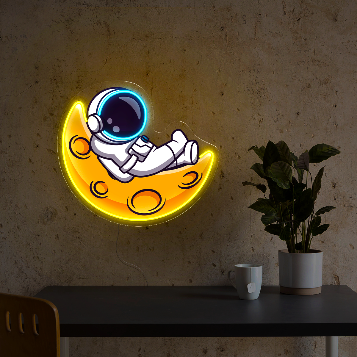 Cute Astronaut Lay On Moon Cartoon Artwork Led Neon Sign