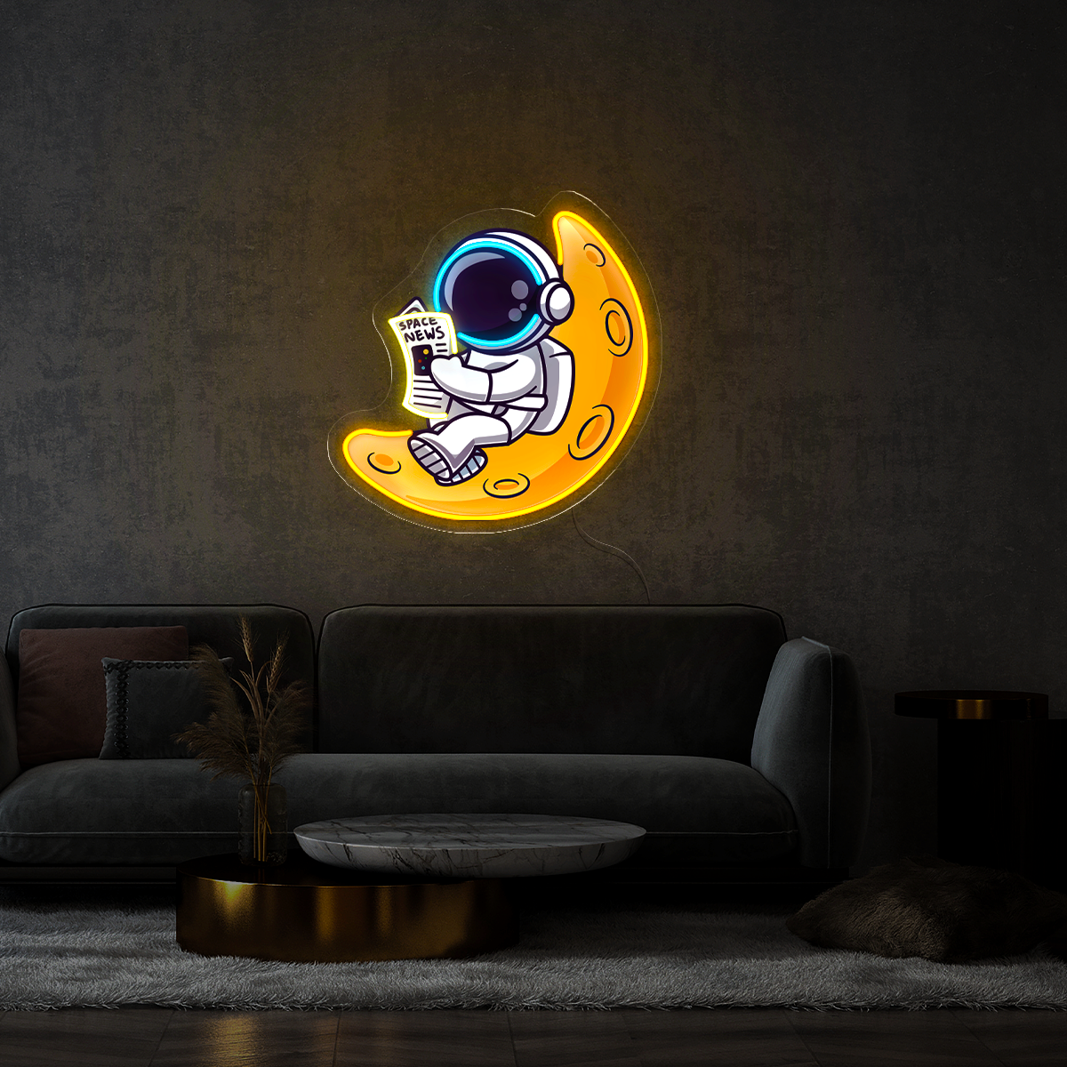 Cute Astronaut Reading Newspaper On Moon Artwork Led Neon Sign