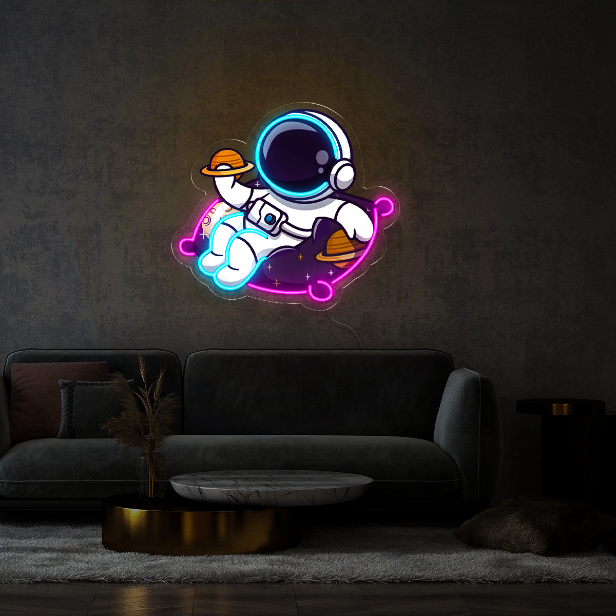 Cute Astronaut Holding Planet Artwork Led Neon Sign