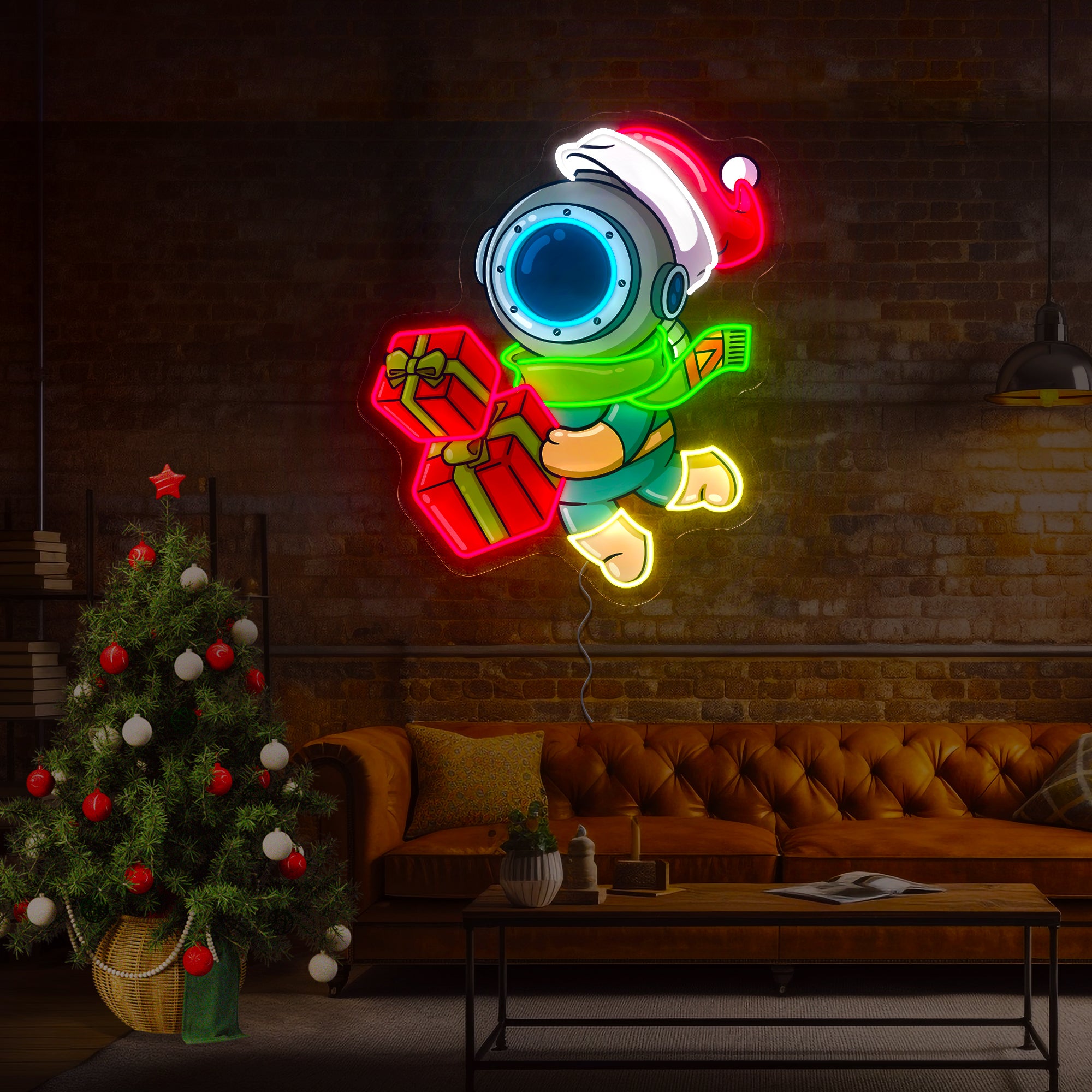 The Diver is falling down while carrying Christmas Gift Boxes quickly Artwork Led Neon Sign