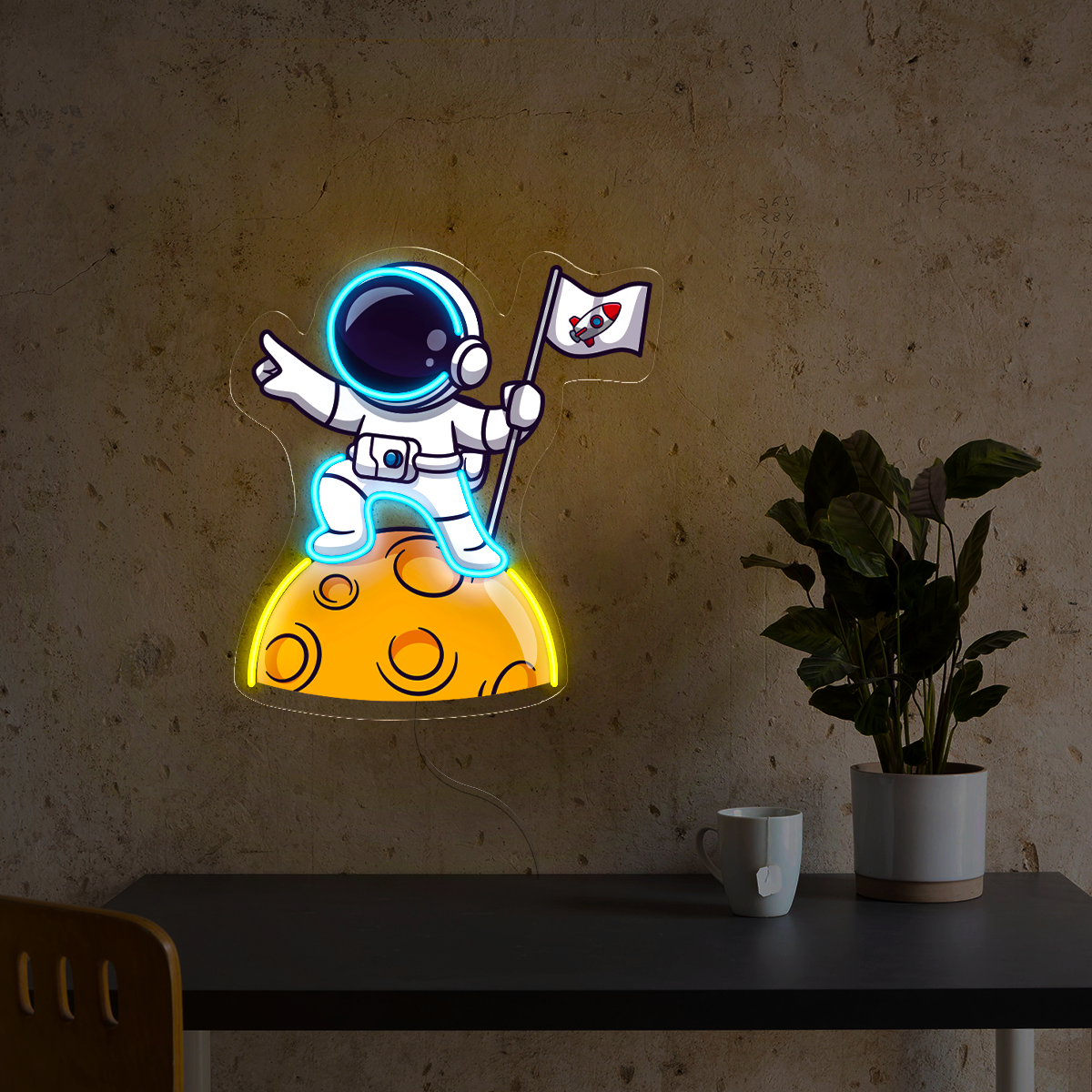 Cute Astronaut Lay On Moon Cartoon Artwork Led Neon Sign