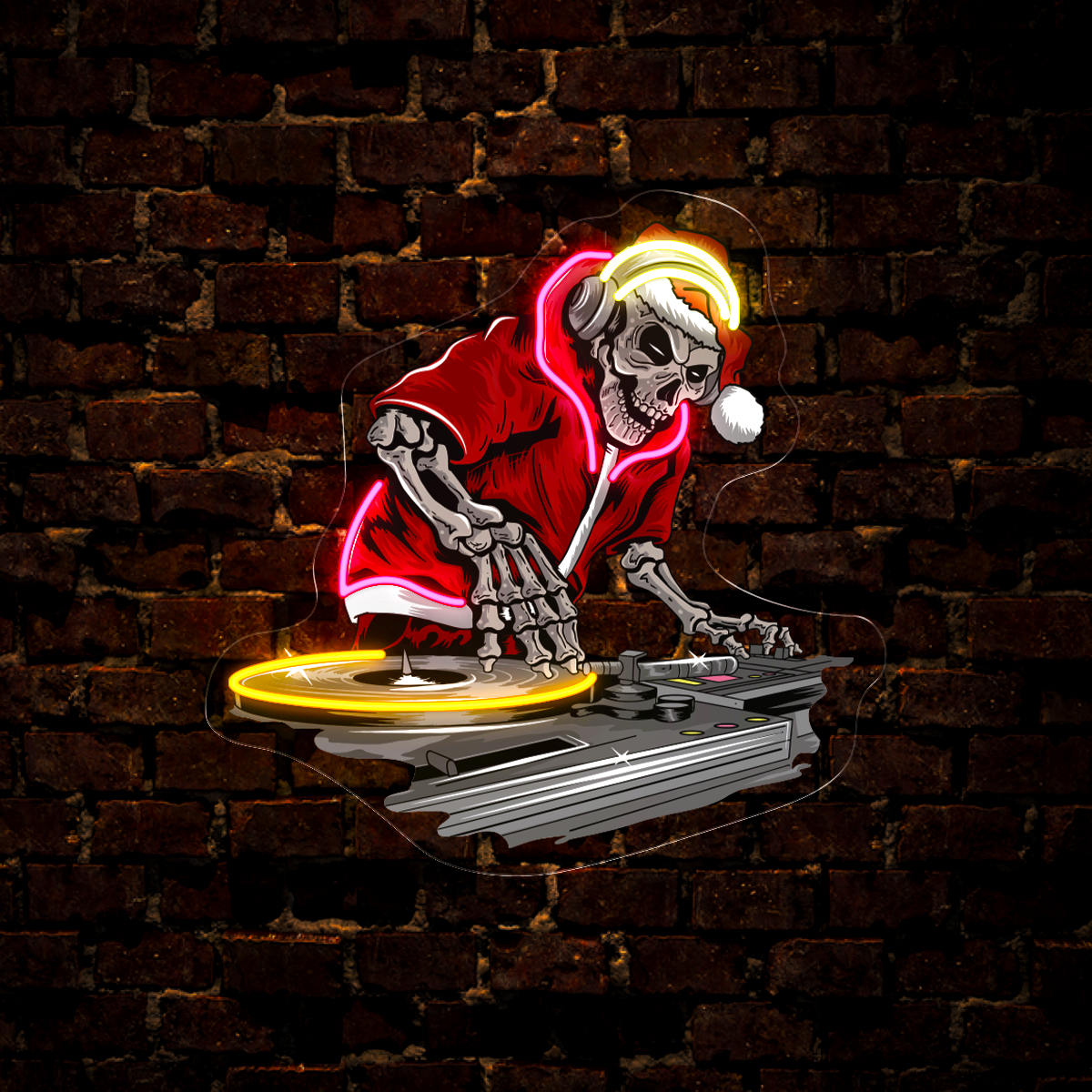 Skull Santa Claus with Christmas Jacket and Hat at DJ Party  Artwork Neon Sign