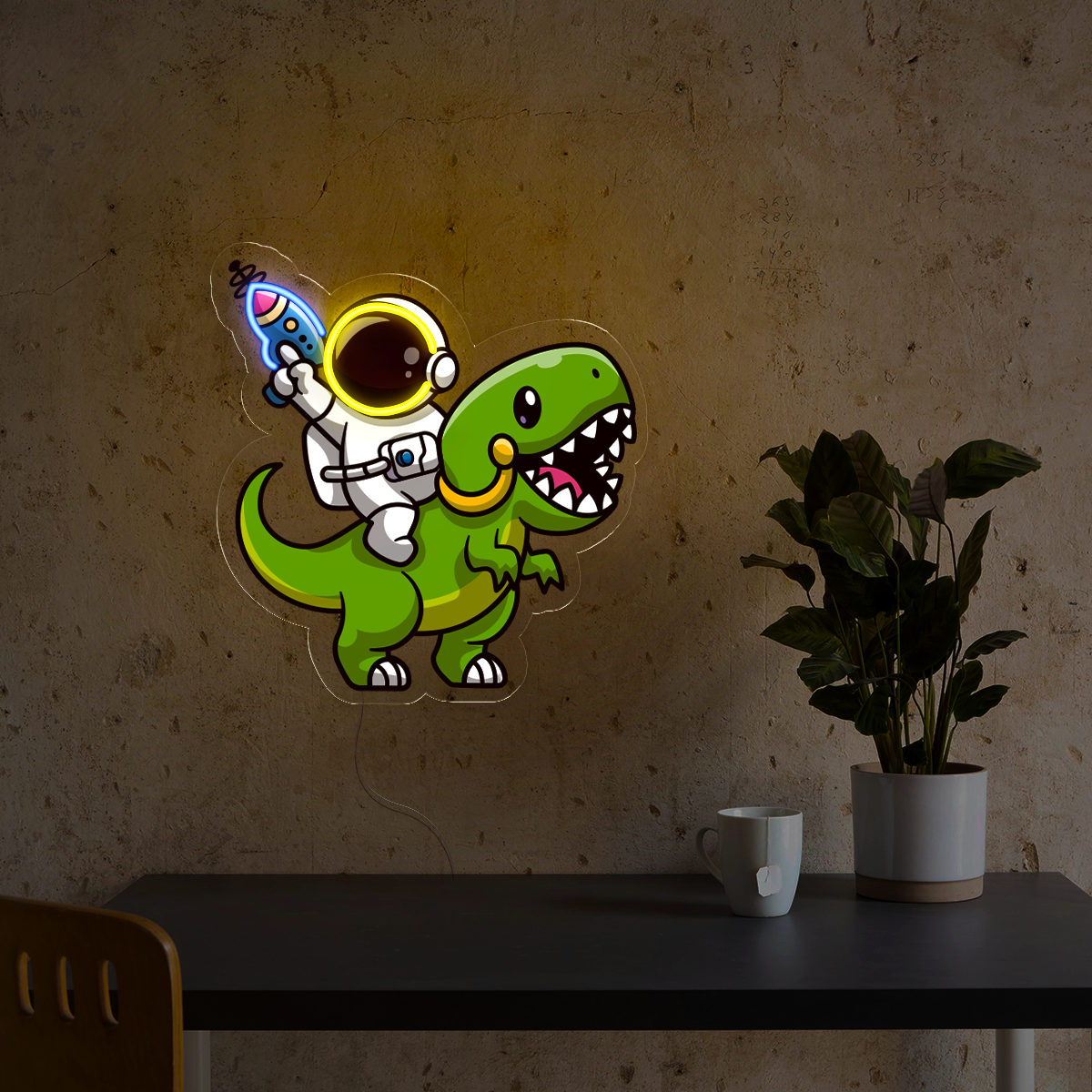 Astronaut Riding Dinosaur With Gun Artwork Led Neon Sign