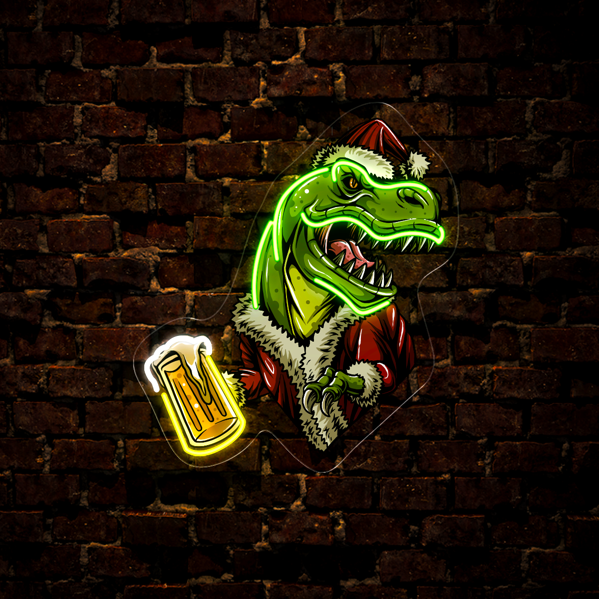 Christmas T-rex Santa claus Dinosaur bringing a glass of Beer and Partying Artwork Led Neon Sign