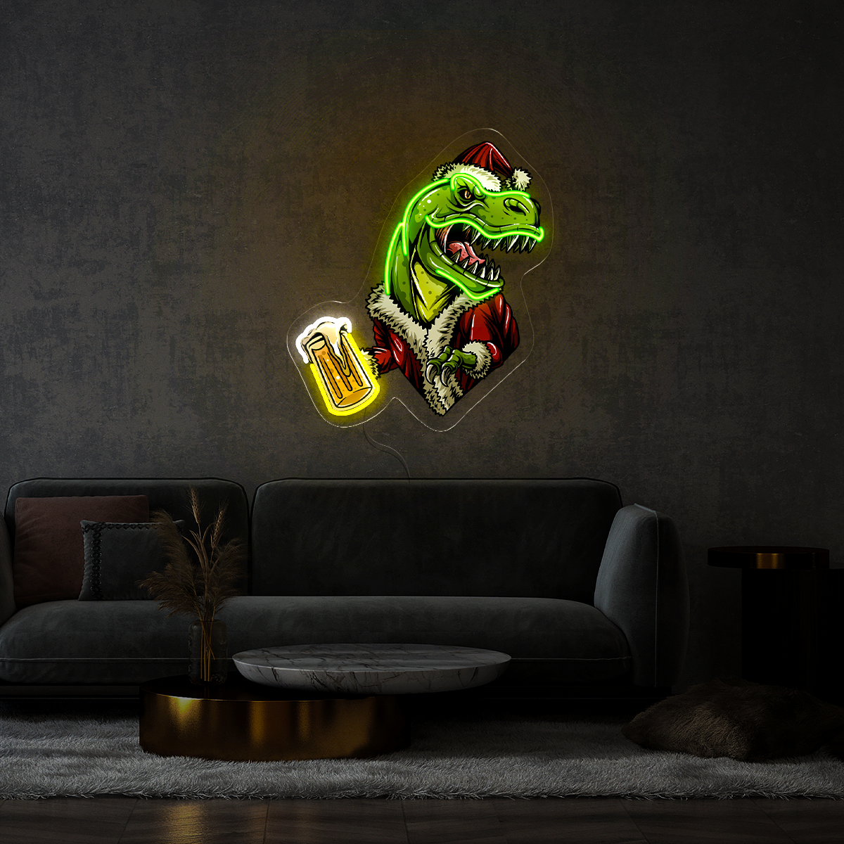 Christmas T-rex Santa claus Dinosaur bringing a glass of Beer and Partying Artwork Led Neon Sign