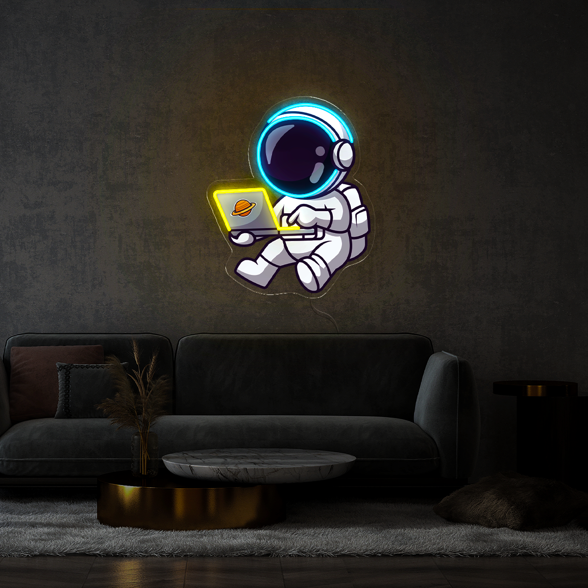 Cute Astronaut Working On Laptop In Space Artwork Led Neon Sign