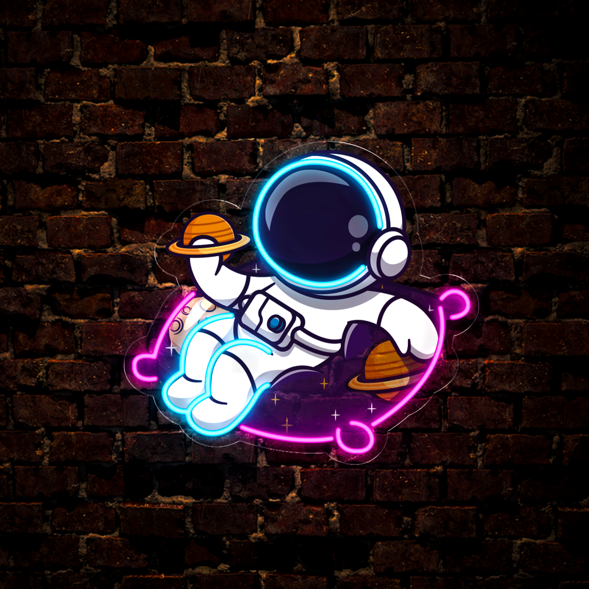 Cute Astronaut Holding Planet Artwork Led Neon Sign