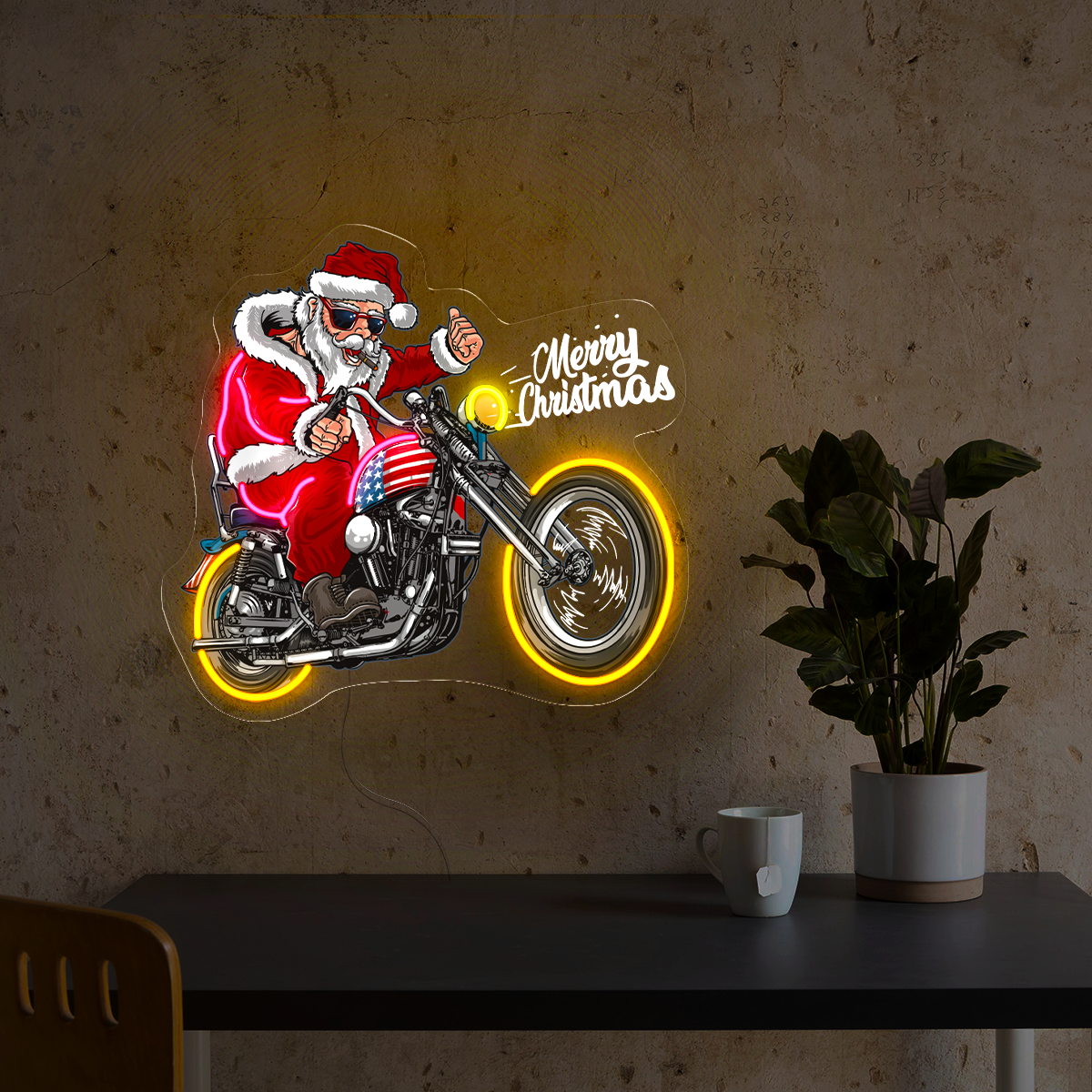 Santa Claus Christmas USA Tour Biker Motorcycle Artwork Led Neon Sign