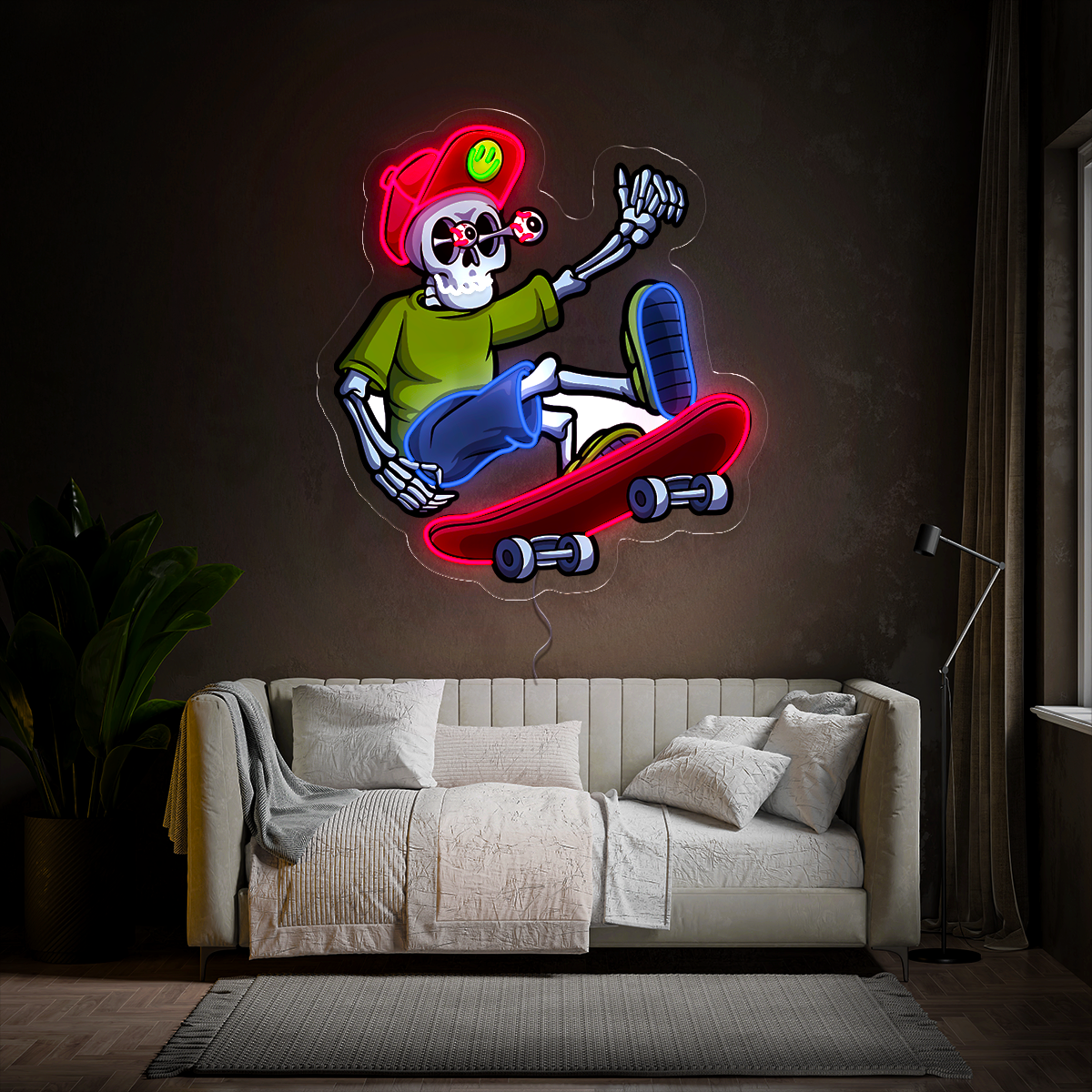 Streetwear Skull Skateboard Artwork Neon Sign