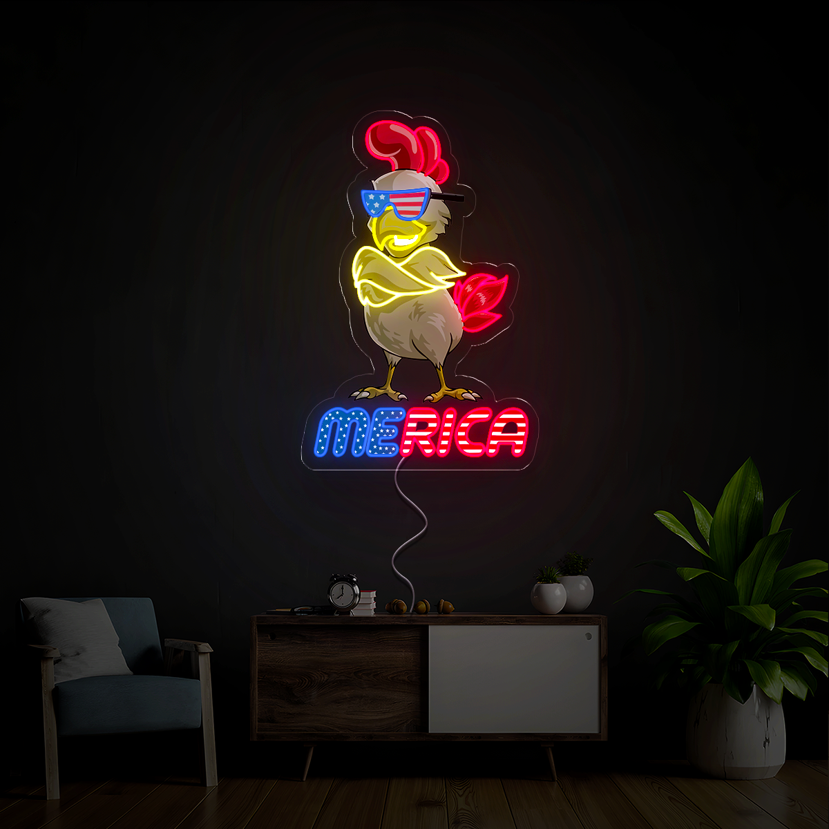 Funny Merica Chicken 4th of July Artwork Neon Sign