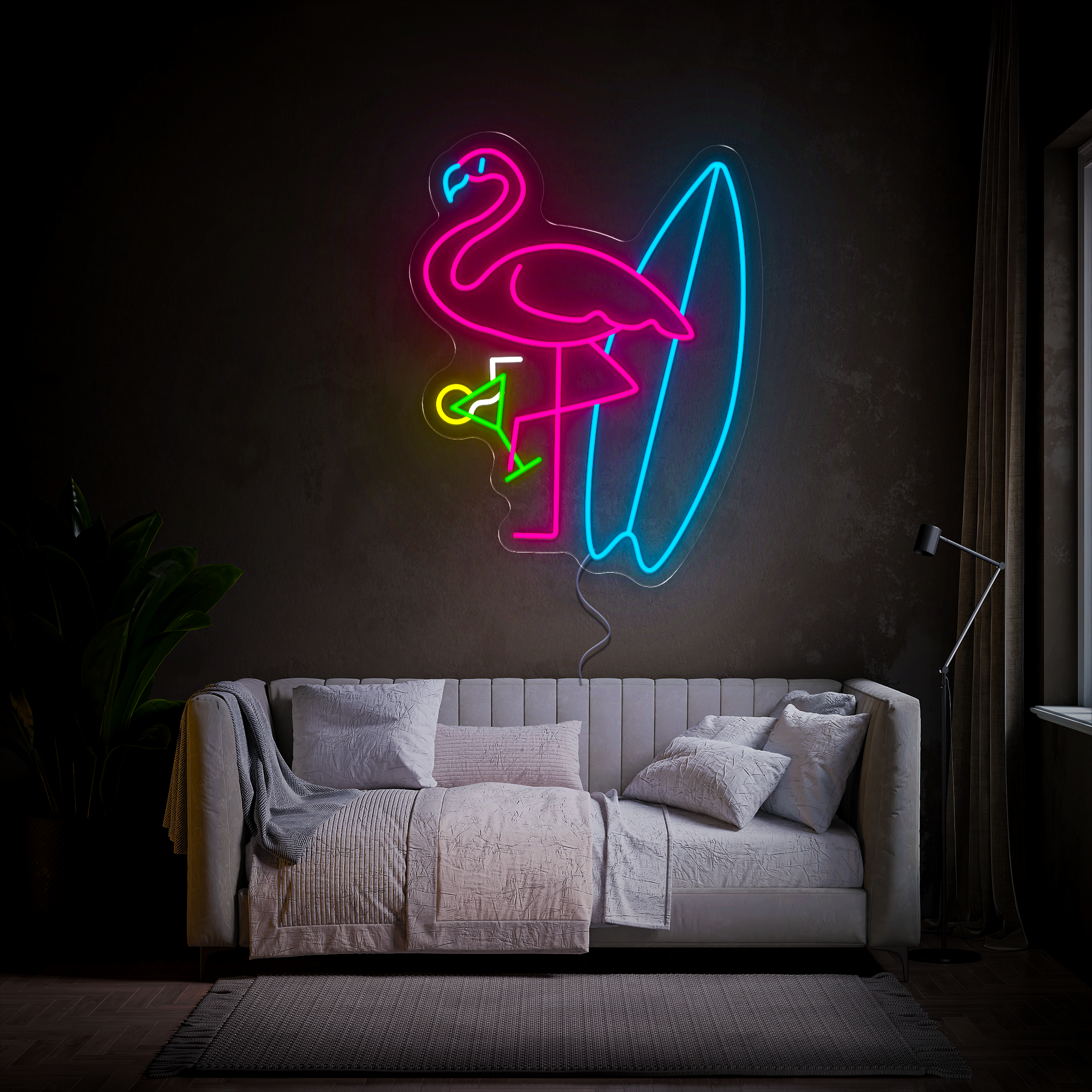 Flamingo Surfboard Neon Sign