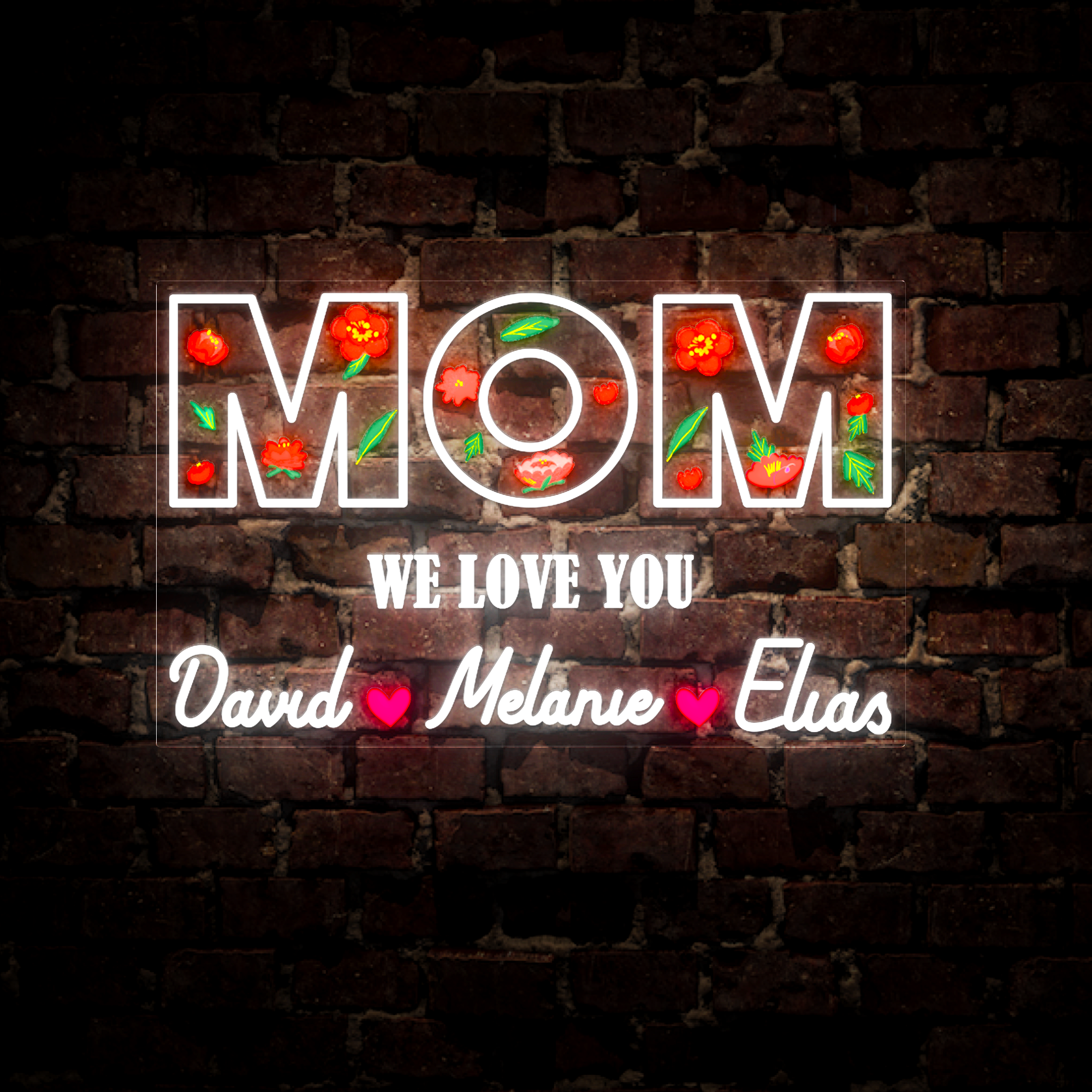 Personalized Flower Printed We Love Mom Neon Sign