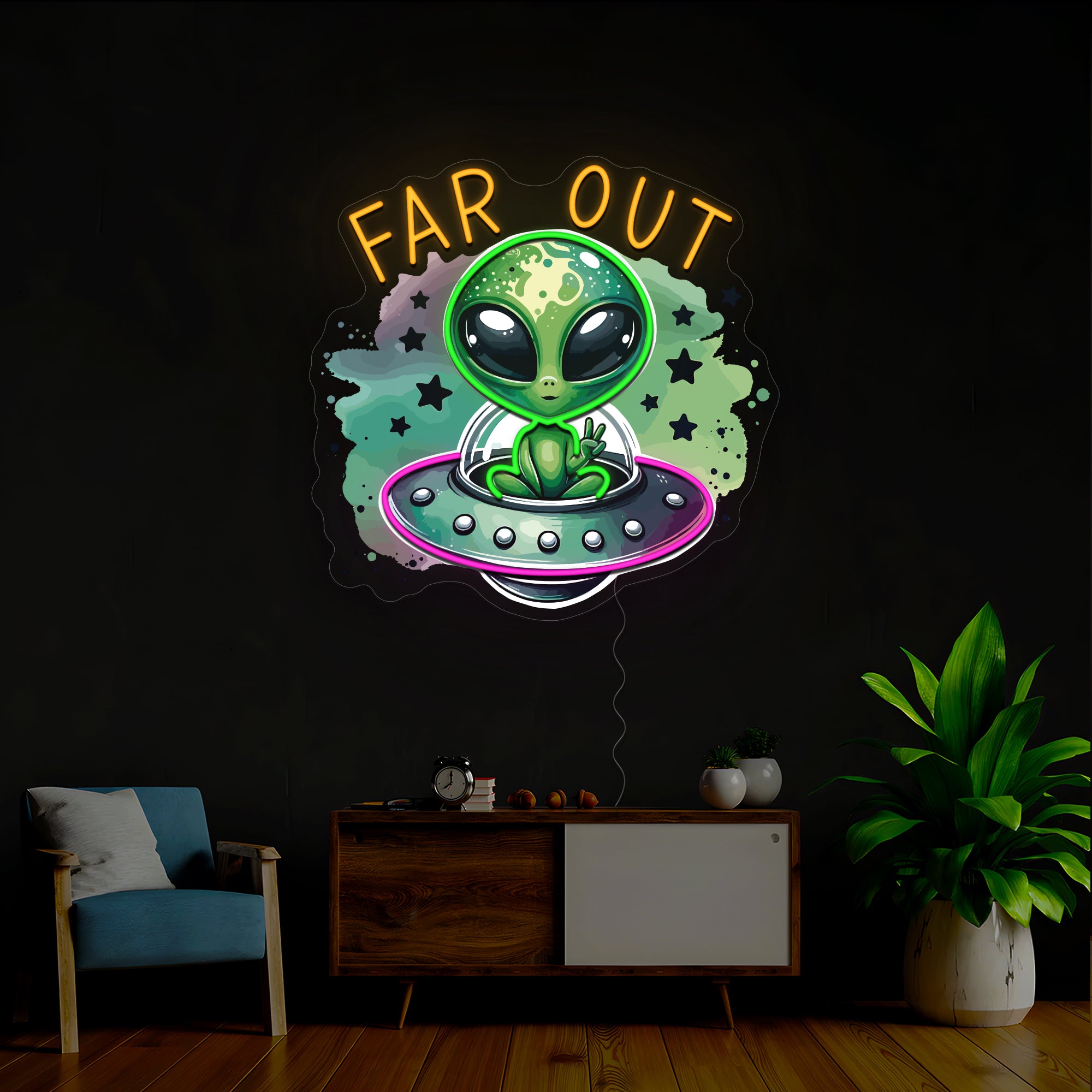 Far Out Hippie Alien Artwork Neon Sign