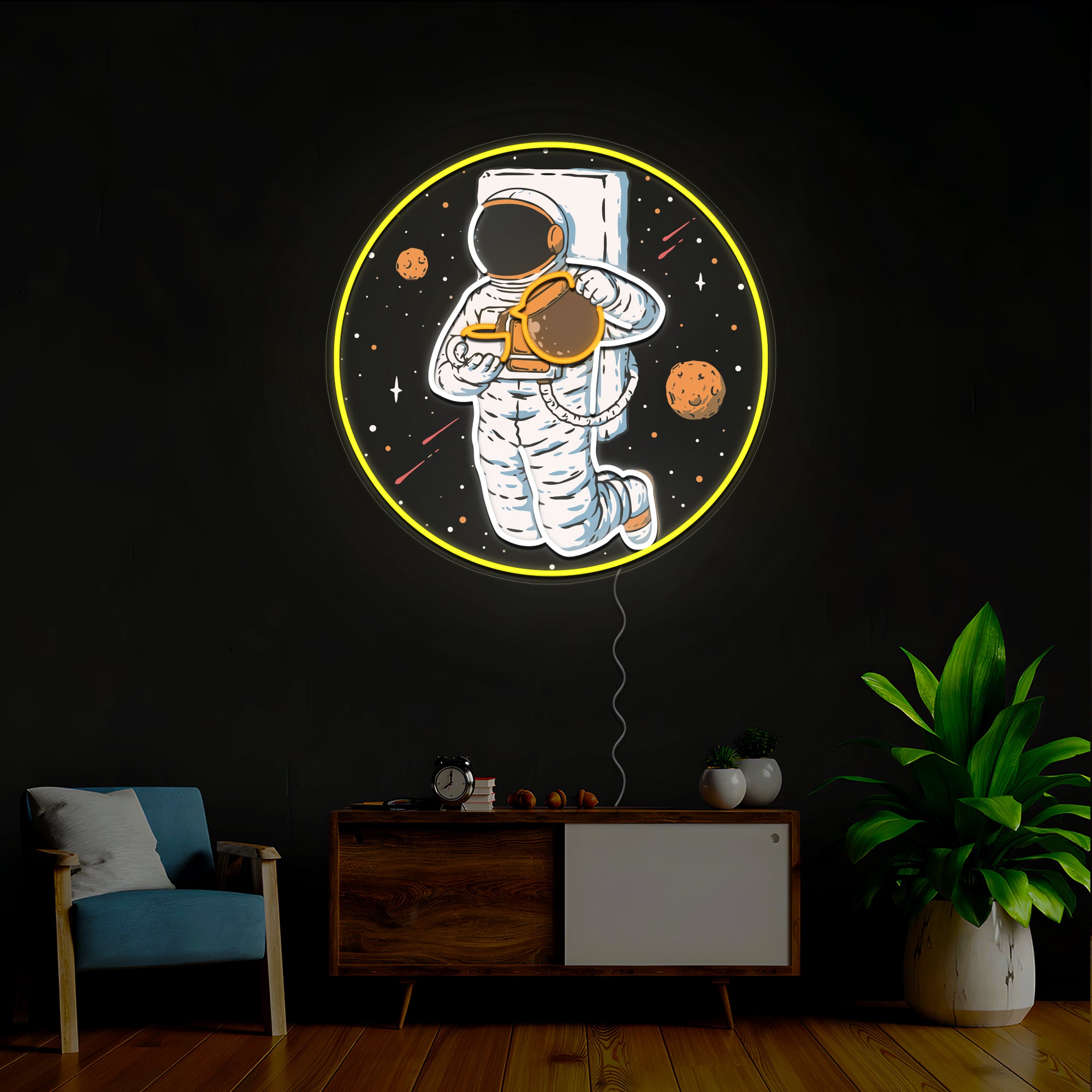 Astronaut In Space Pouring Coffee Artwork Neon Sign