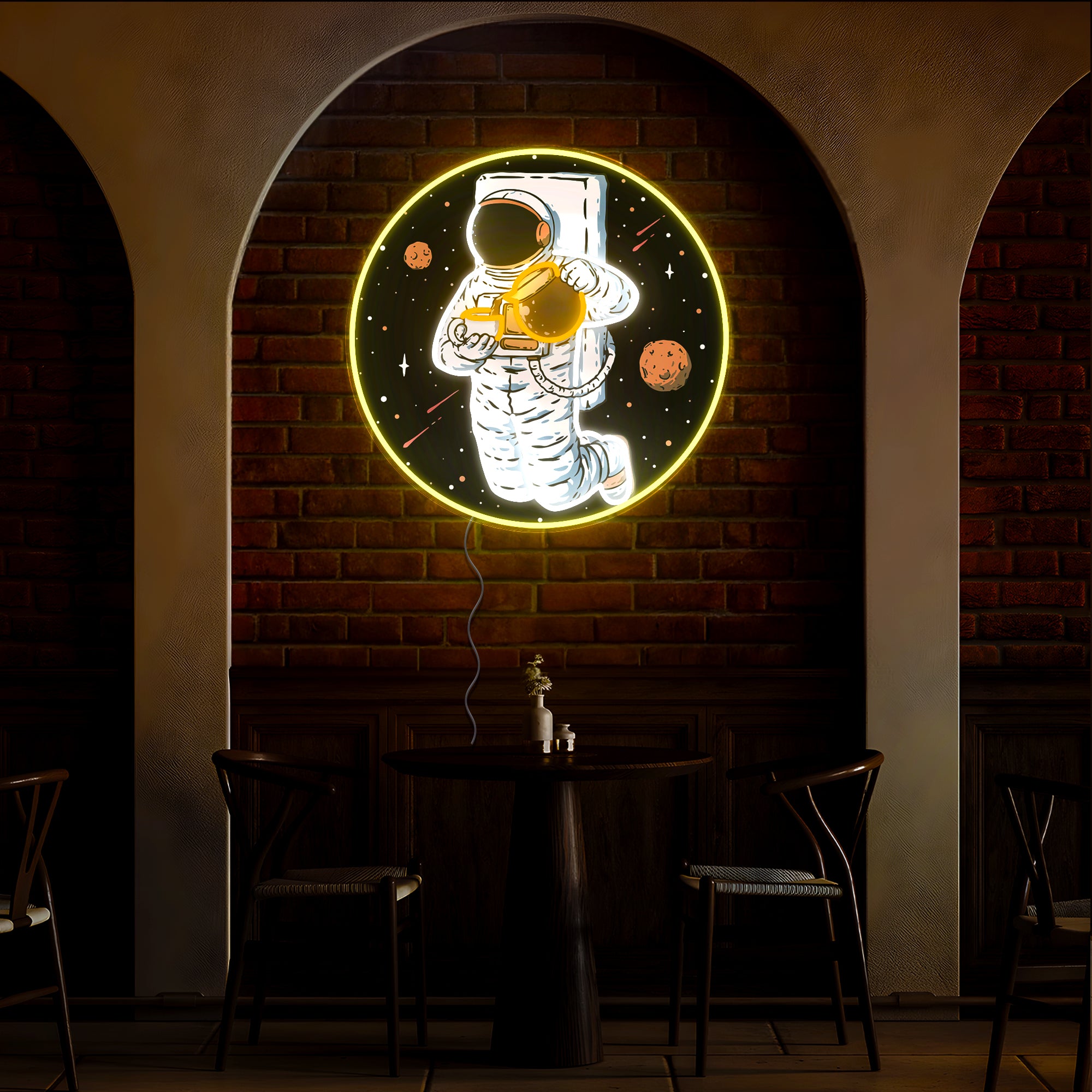 Astronaut In Space Pouring Coffee Artwork Neon Sign