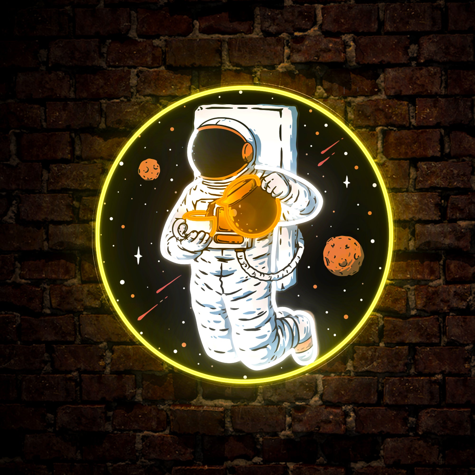 Astronaut In Space Pouring Coffee Artwork Neon Sign