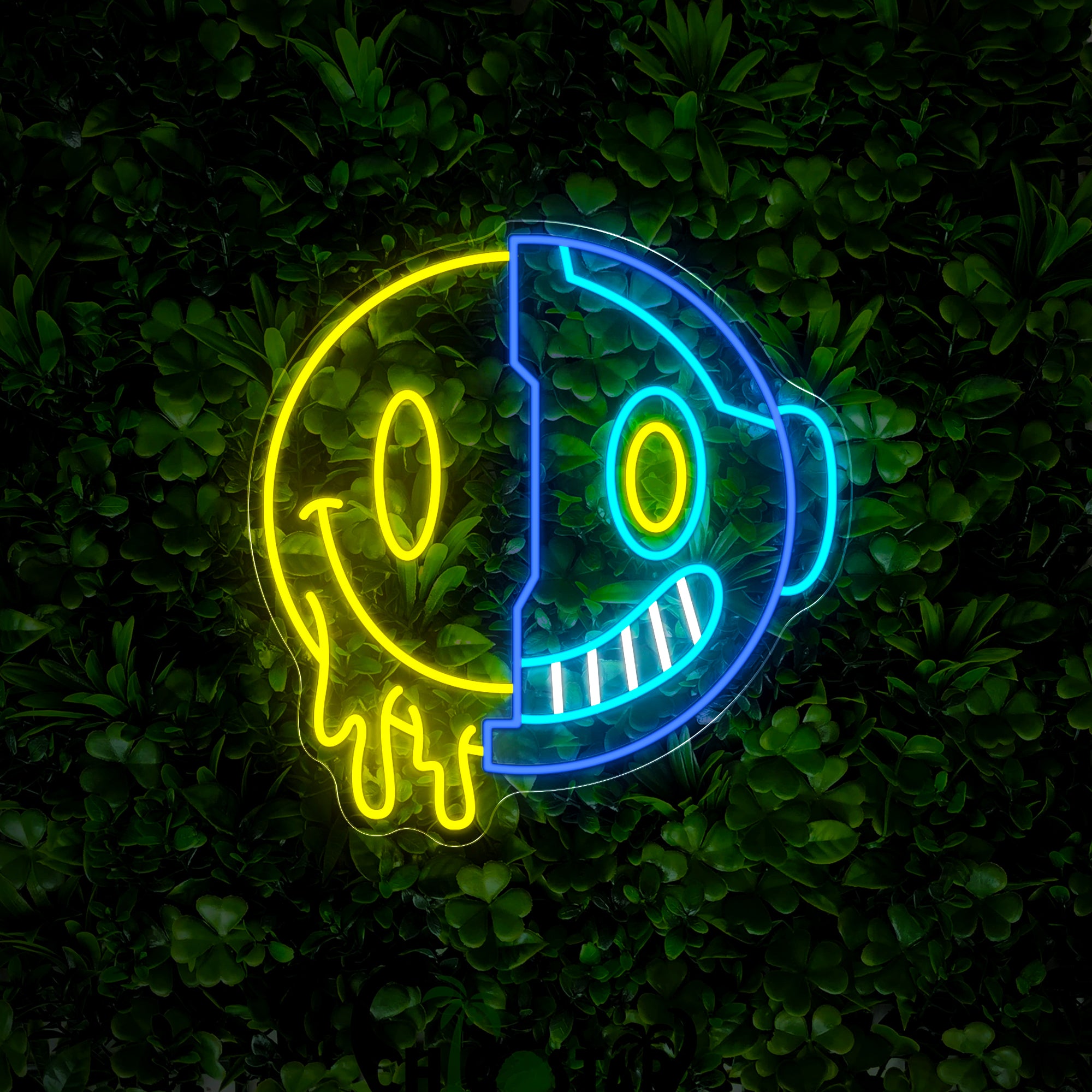 Half Robot and Half Emoticon Neon Sign