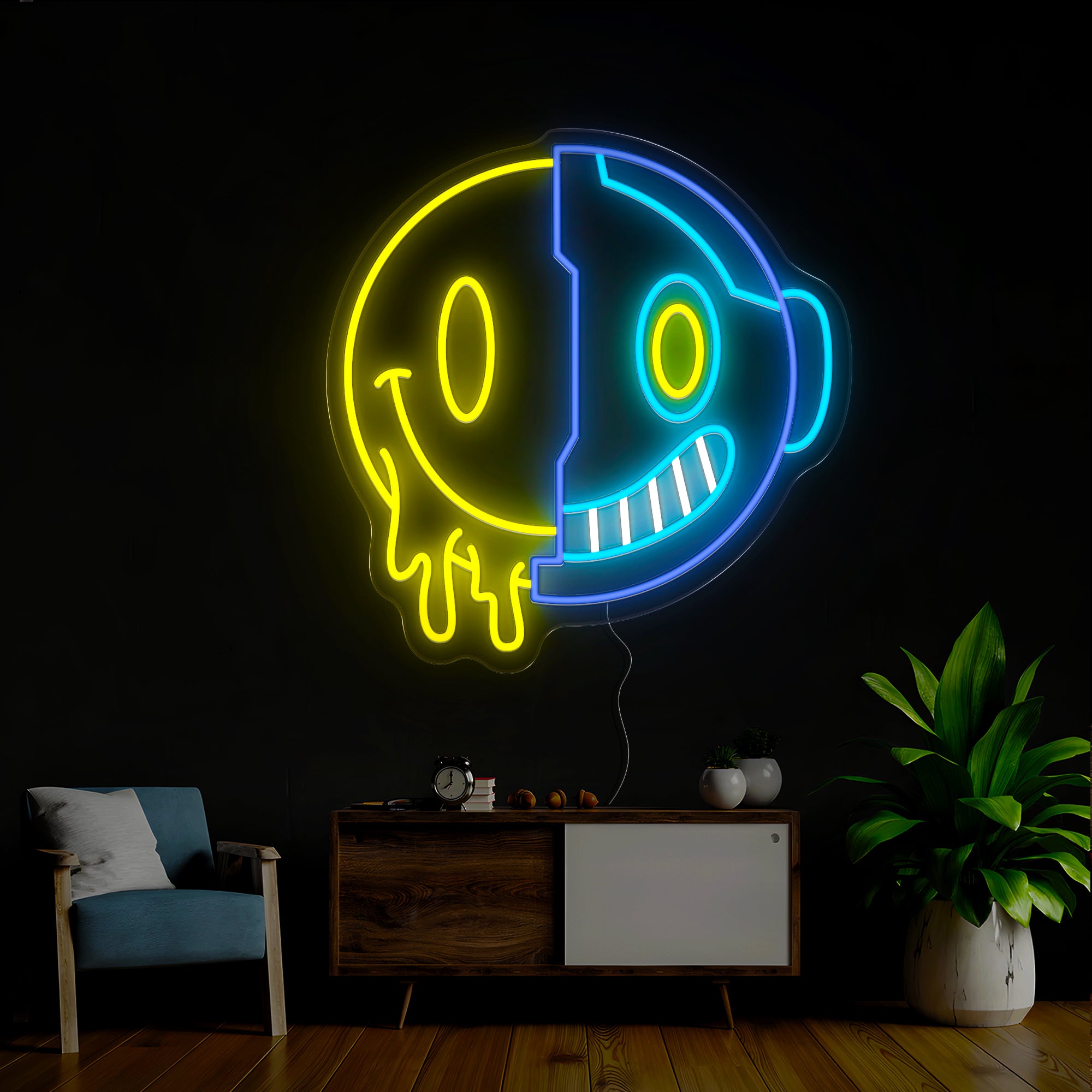 Half Robot and Half Emoticon Neon Sign