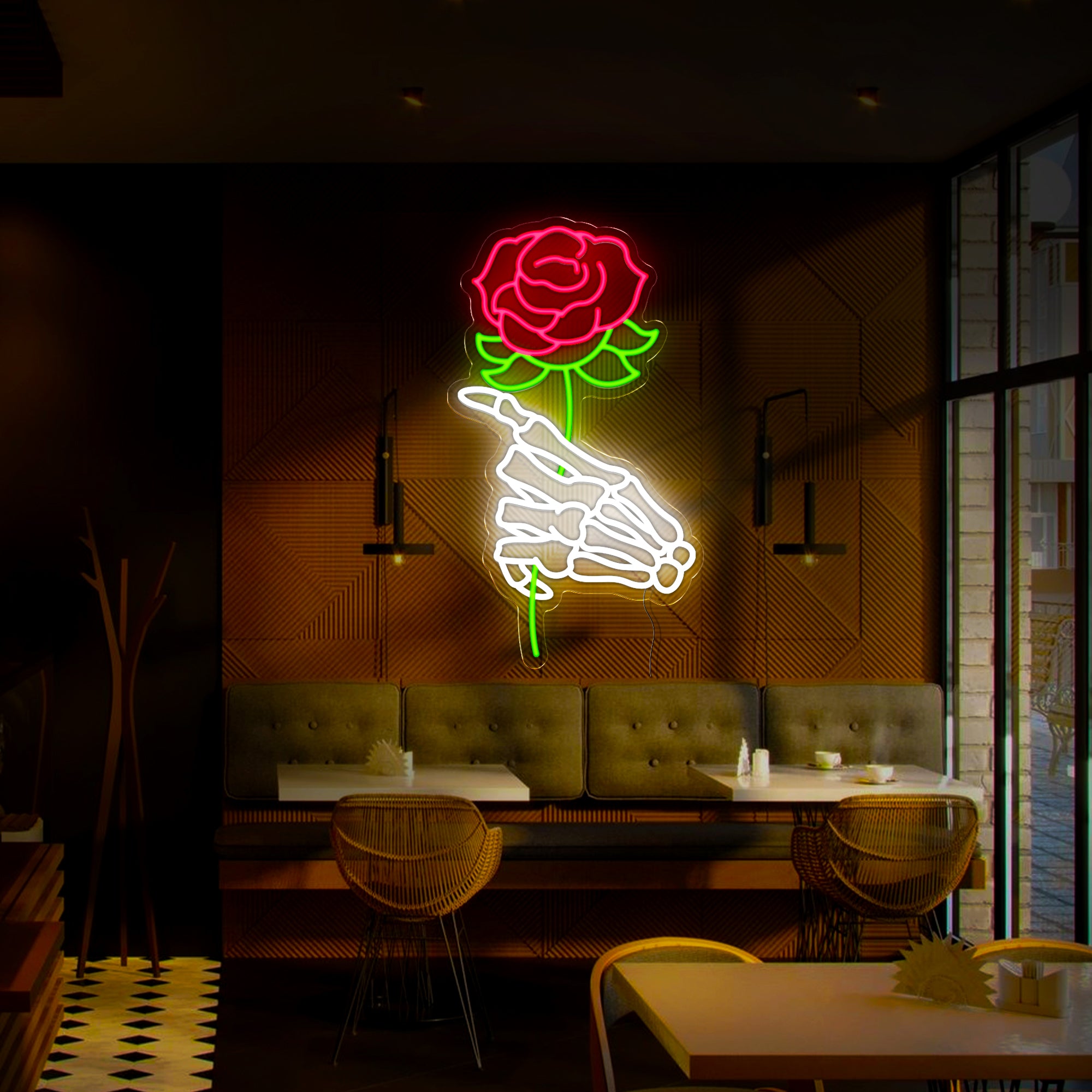 Skull Hand Rose Neon Sign