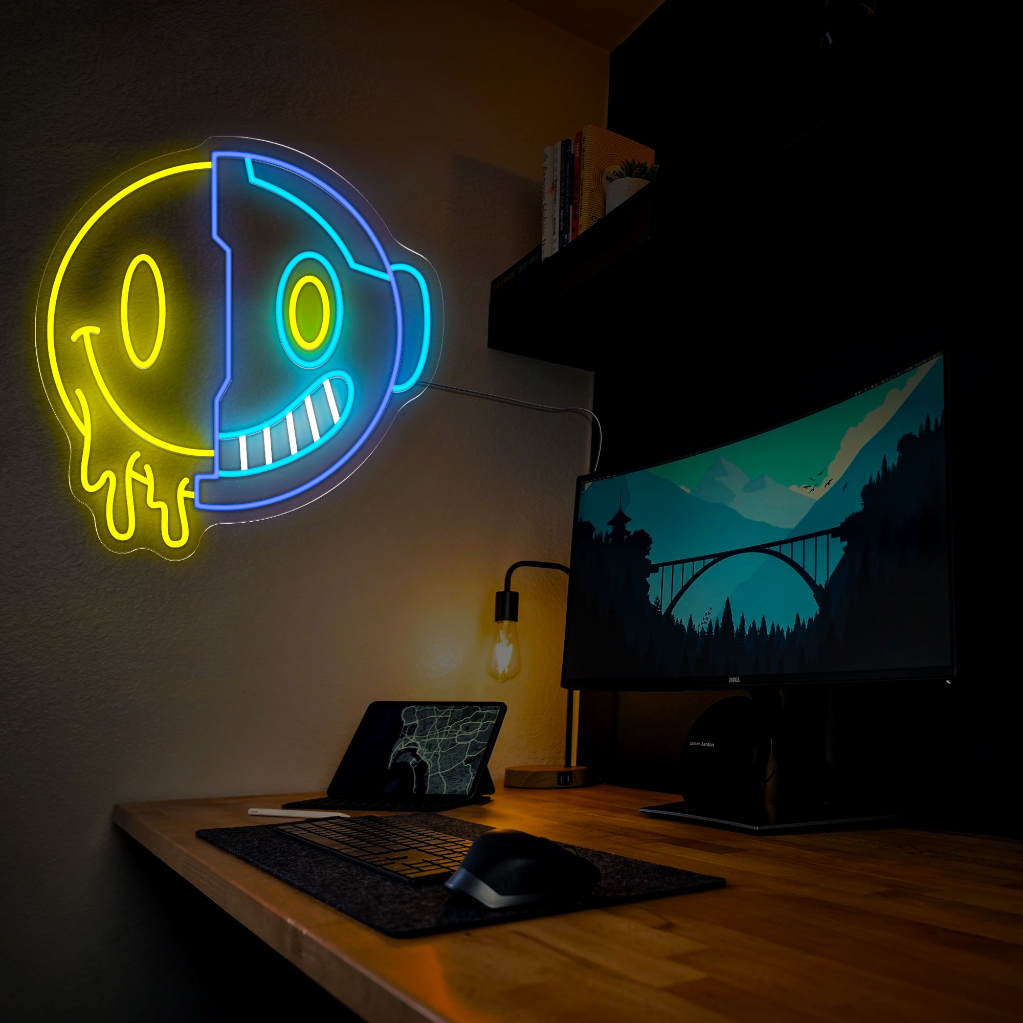 Half Robot and Half Emoticon Neon Sign