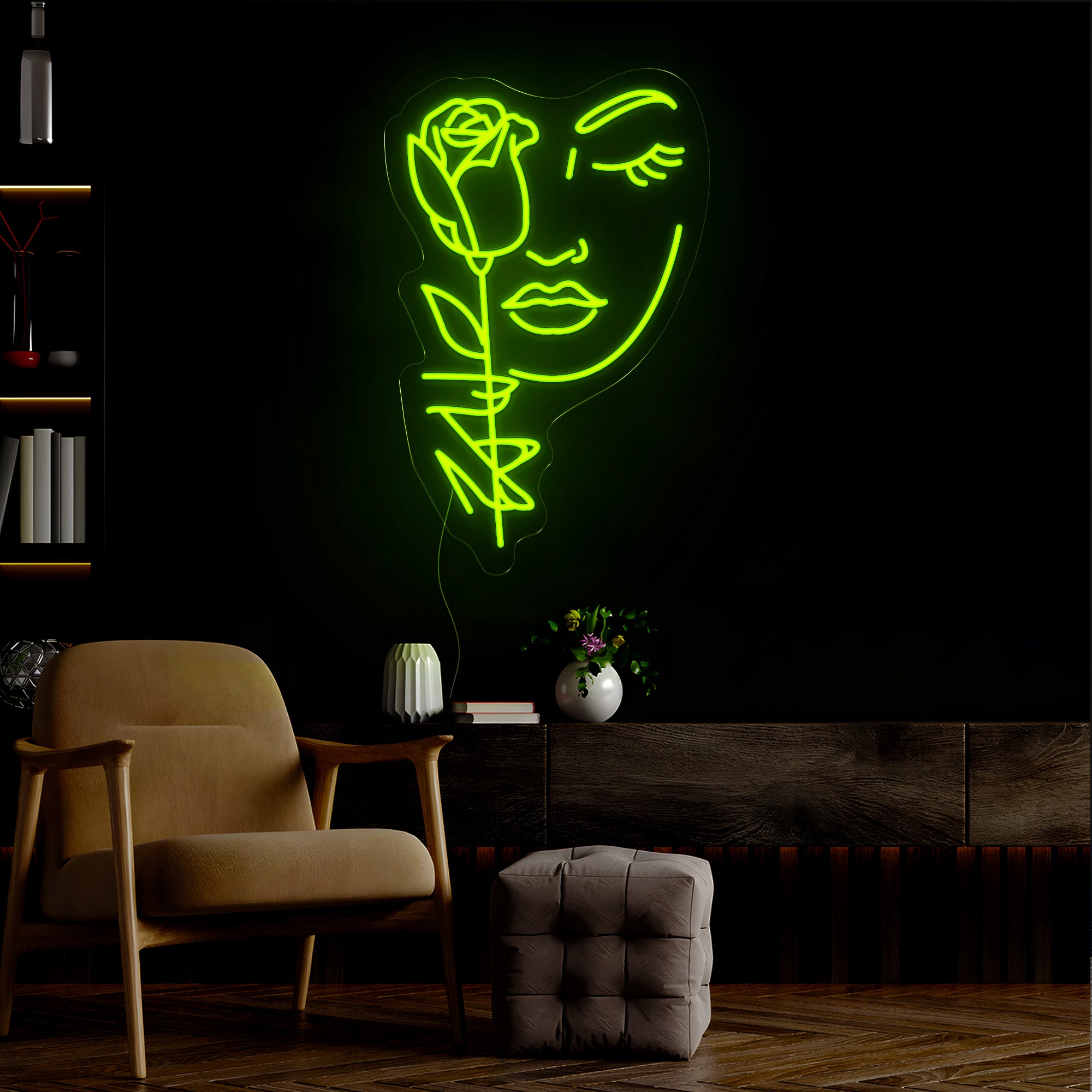 Woman Face And Rose Silhouette Neon Sign