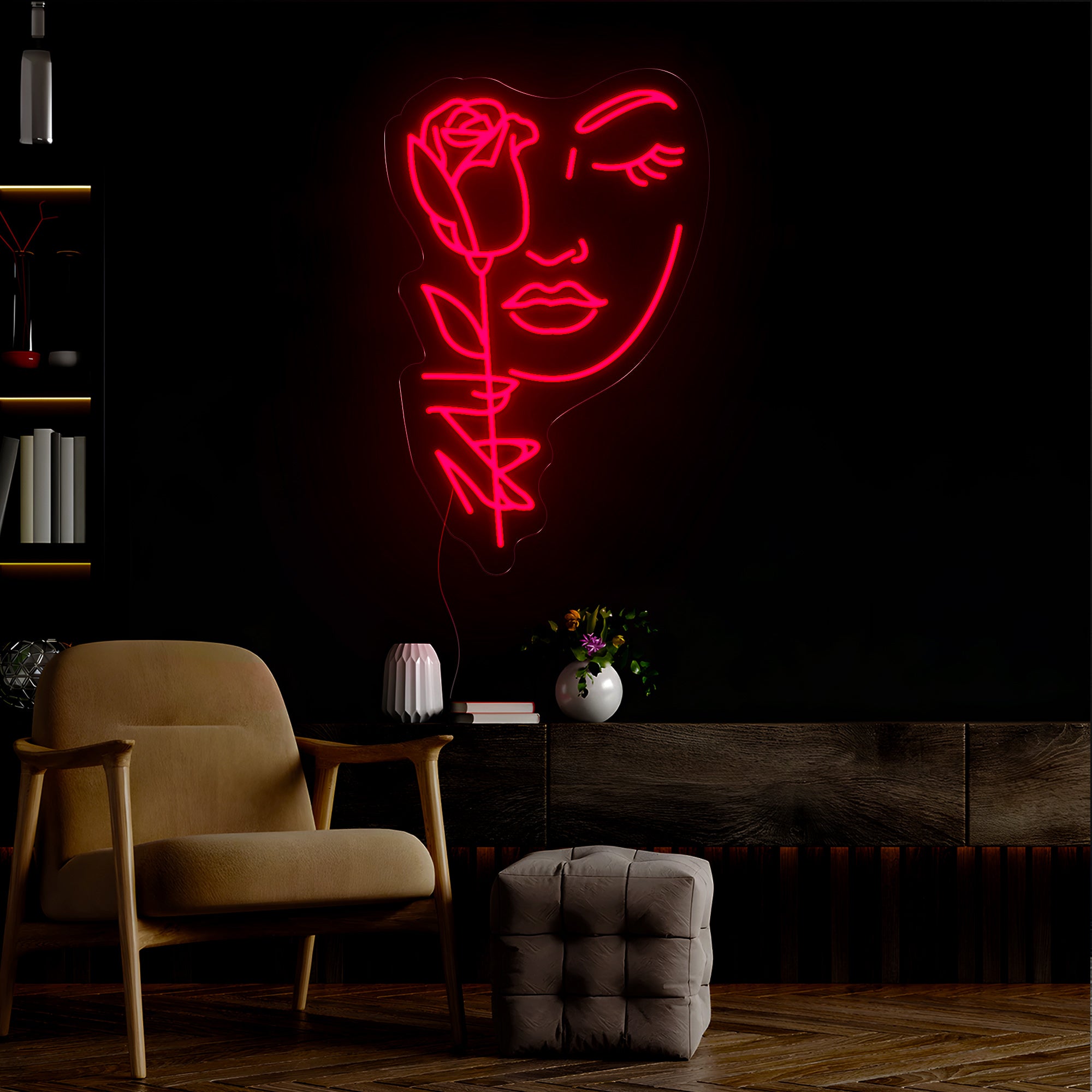 Woman Face And Rose Silhouette Neon Sign