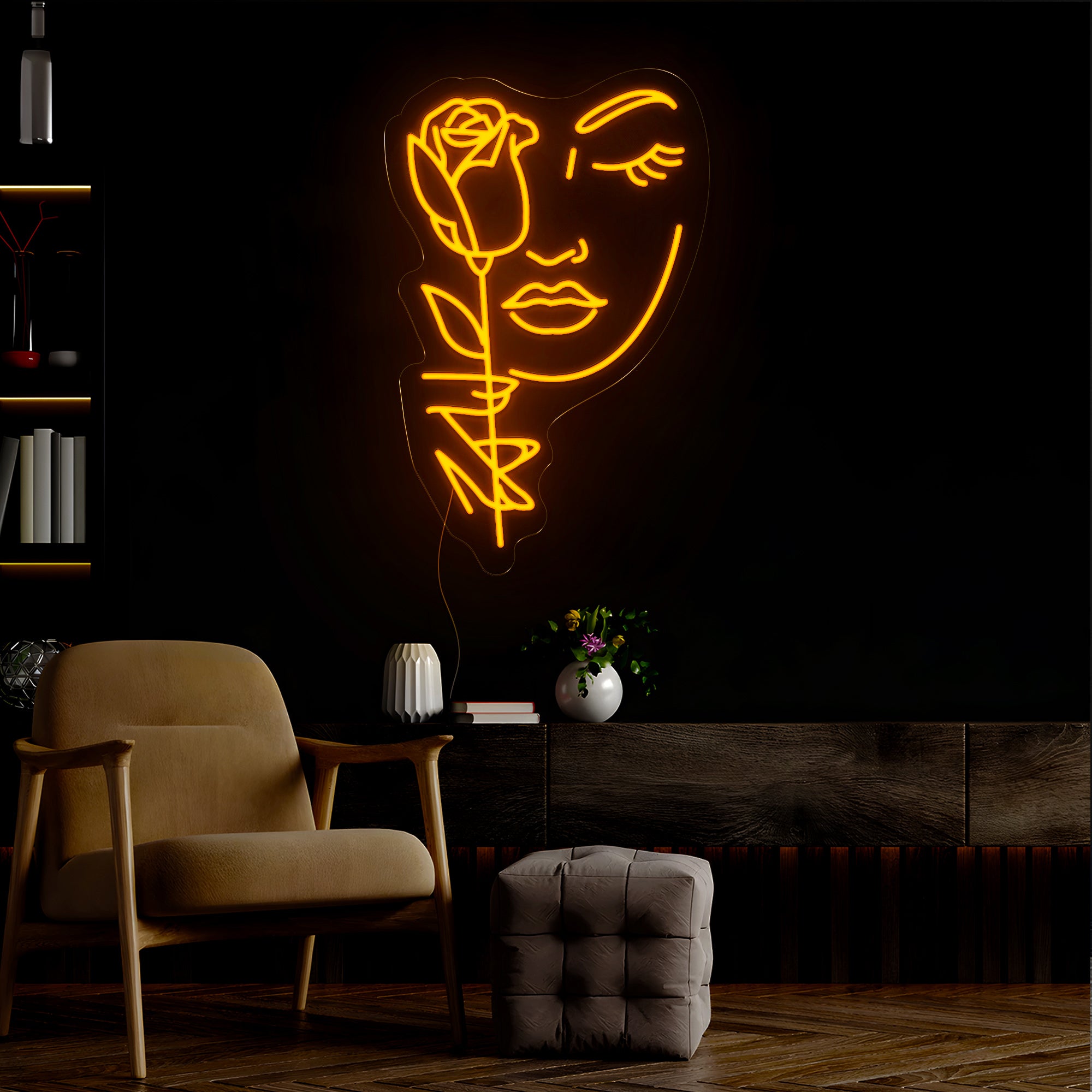 Woman Face And Rose Silhouette Neon Sign