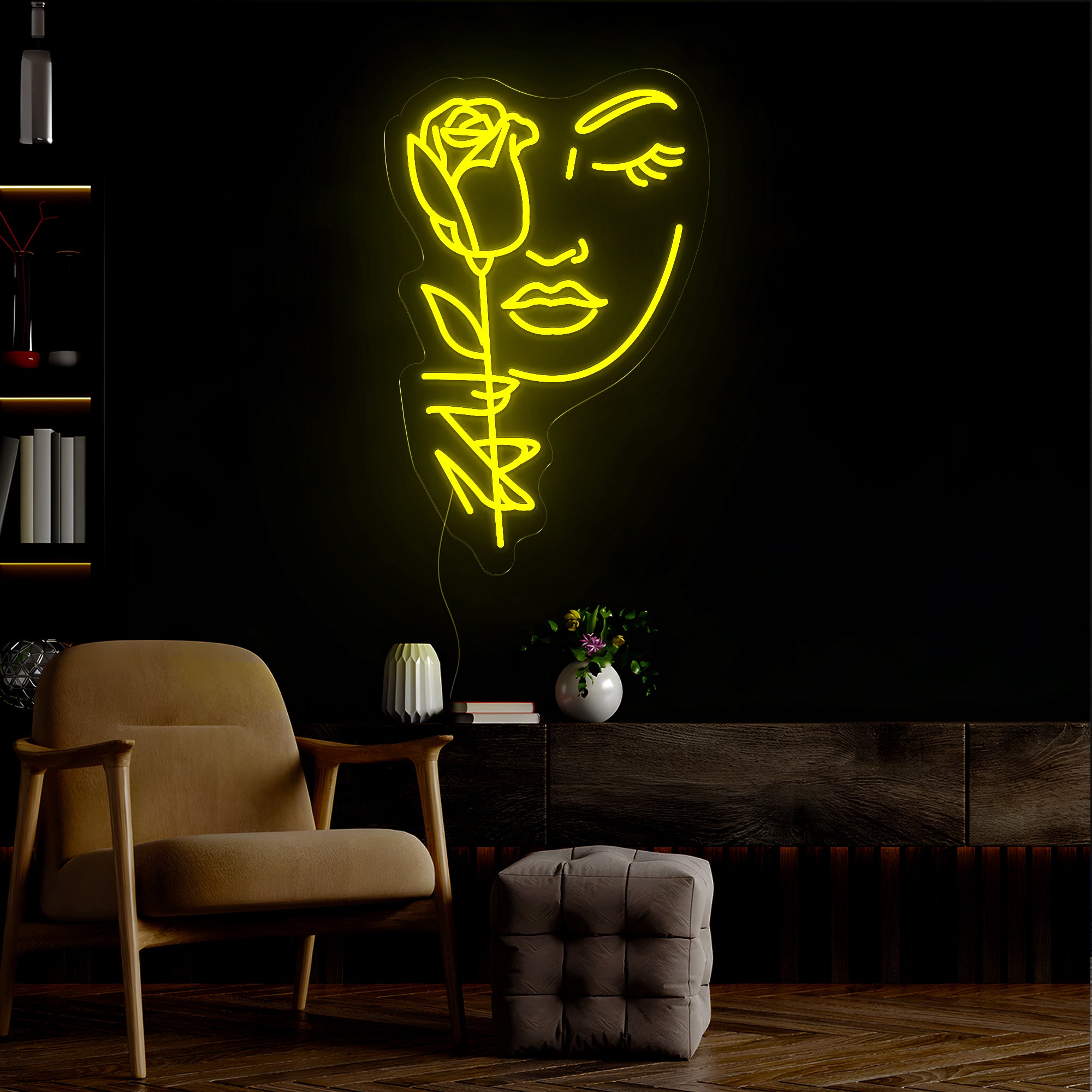 Woman Face And Rose Silhouette Neon Sign