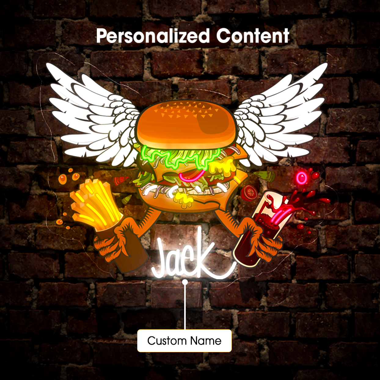 Personalized Burger Wings Name Artwork Neon Sign