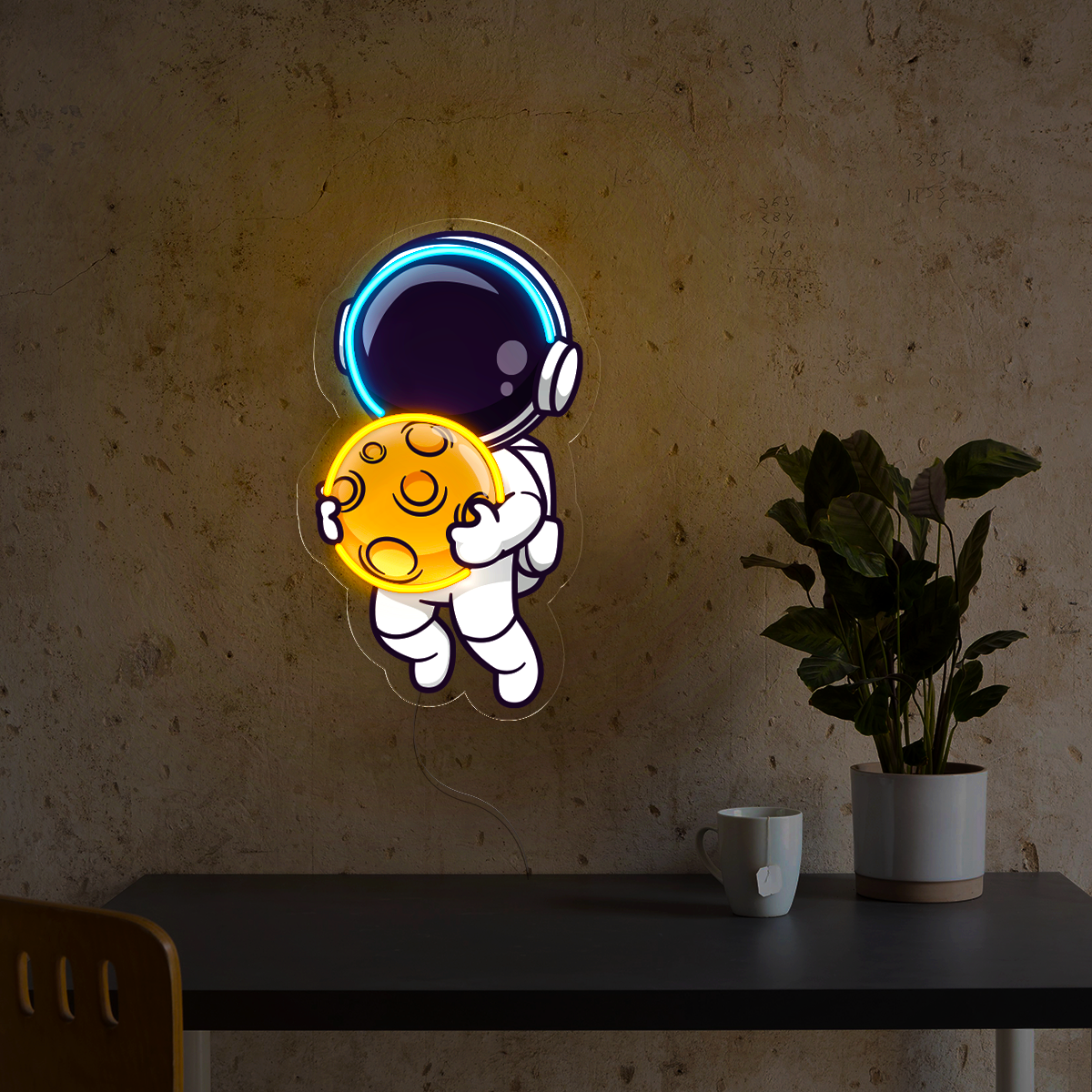 Astronaut Floating In Space And Holding Moon Artwork Led Neon Sign