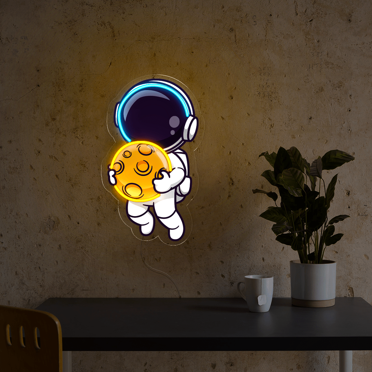 Astronaut Floating In Space And Holding Moon Artwork Led Neon Sign - Reels Custom