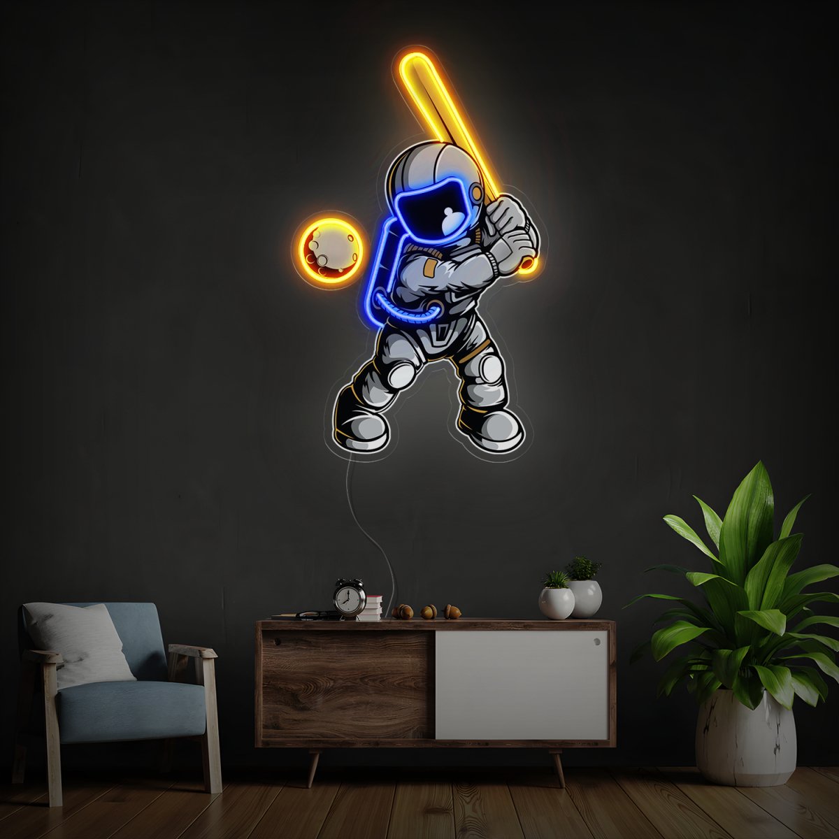 Astronaut Playing Baseball Space Artwork Led Neon Sign - Reels Custom
