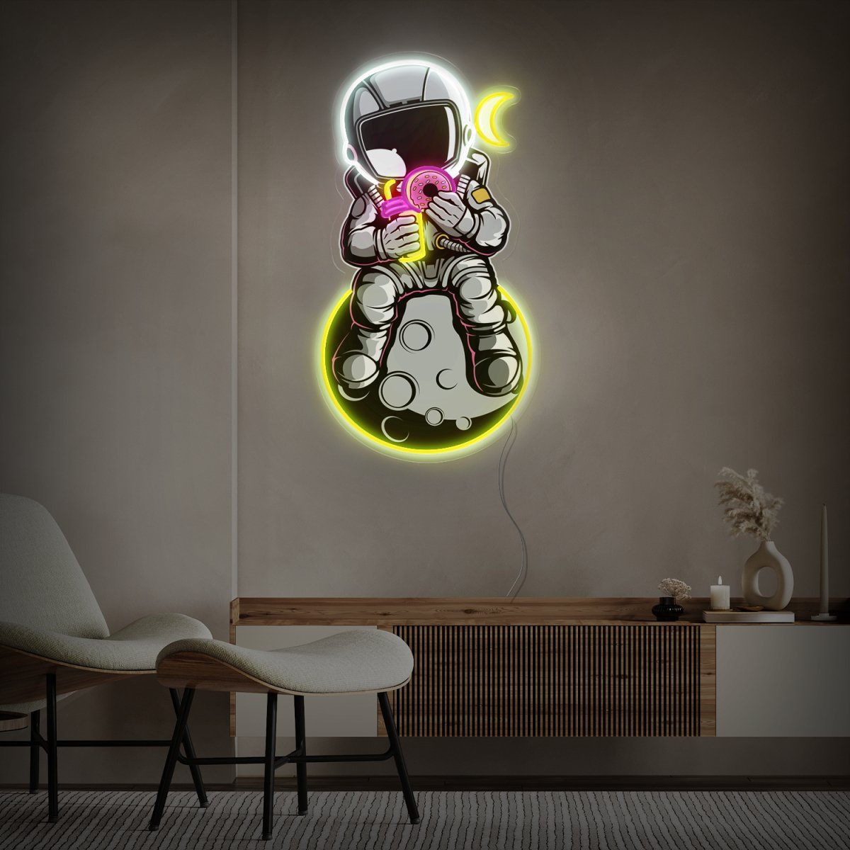 Astronaut With Donut And Coffee On Moon Space Artwork Led Neon Sign - Reels Custom
