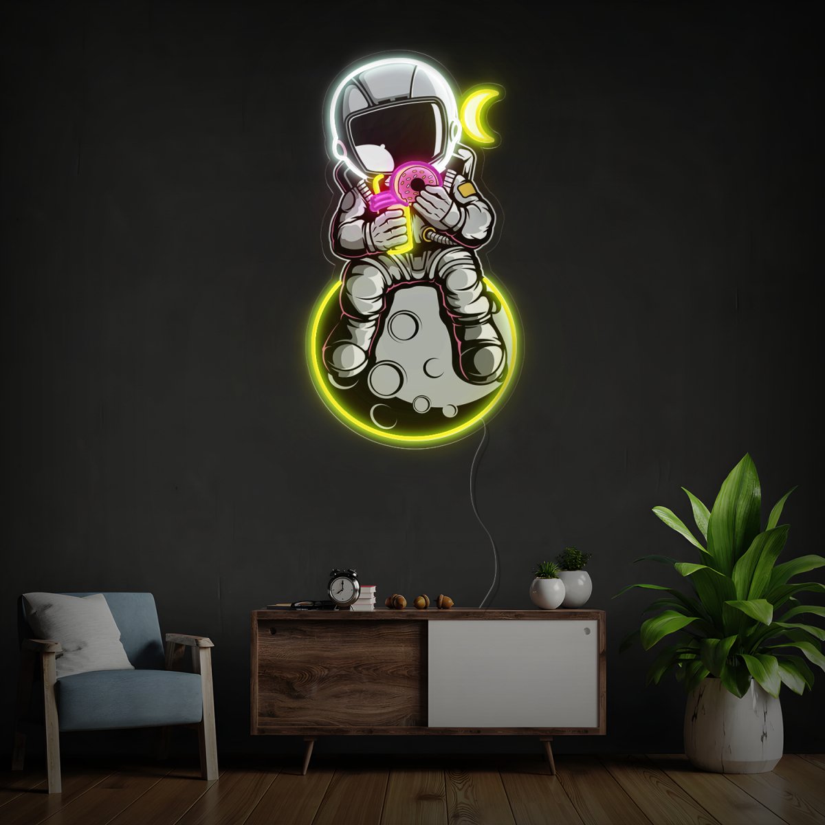 Astronaut With Donut And Coffee On Moon Space Artwork Led Neon Sign - Reels Custom