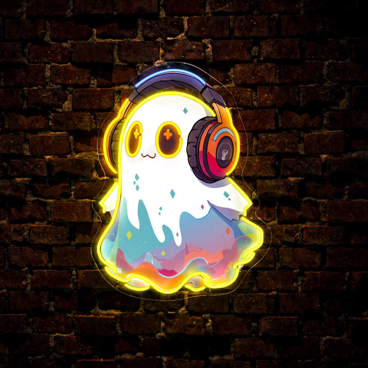 Cute Ghost With Headphones Artwork Led Neon Sign