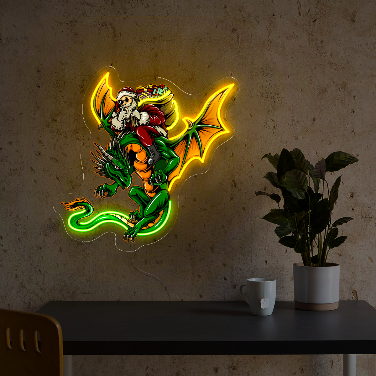 Christmas Santa claus on a flying dragon carrying christmas gifts Artwork Led Neon Sign