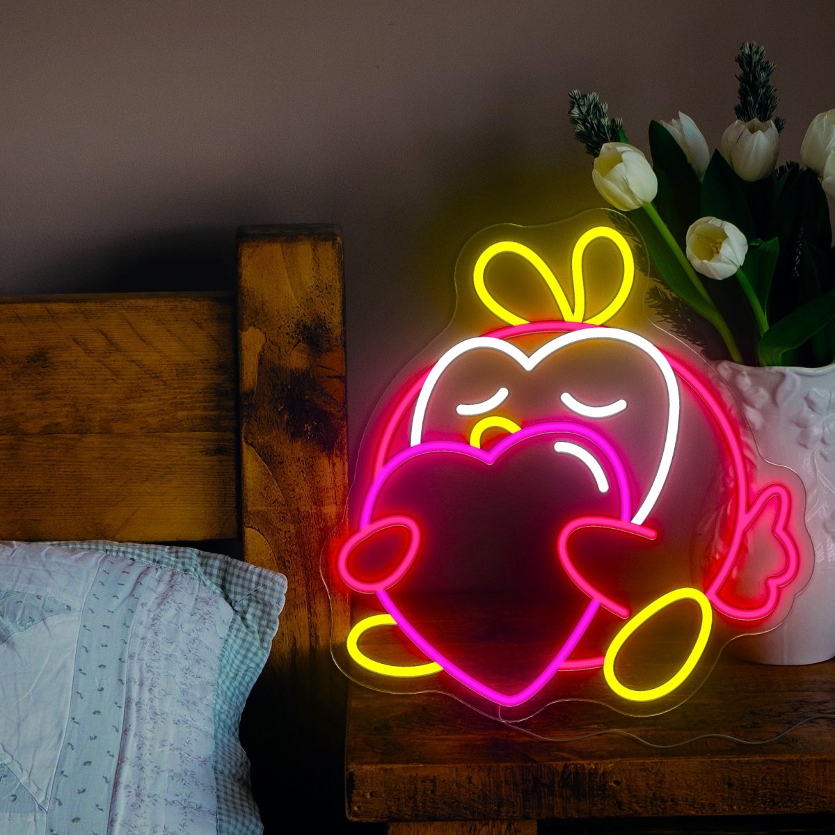 Bird Hugging Heart Cartoon Neon Sign - Reels Custom