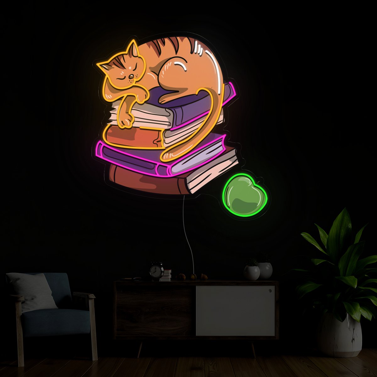 Books With A Sleeping Cat Artwork Led Neon Sign - Reels Custom