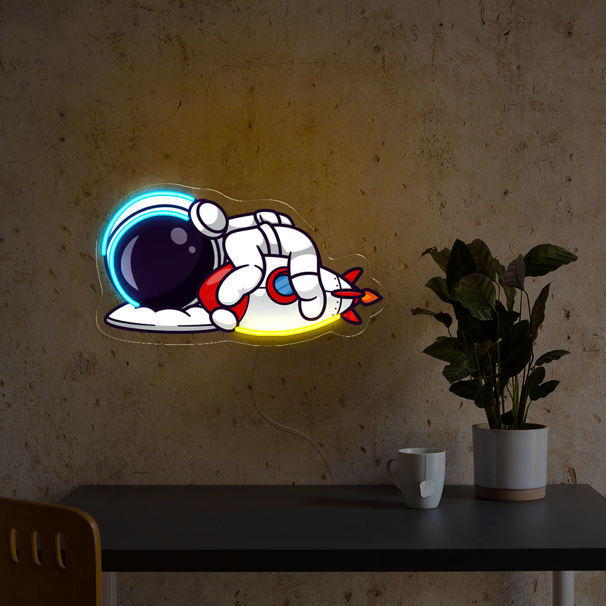 Cute Astronaut Sleeping With Rocket Artwork Led Neon Sign