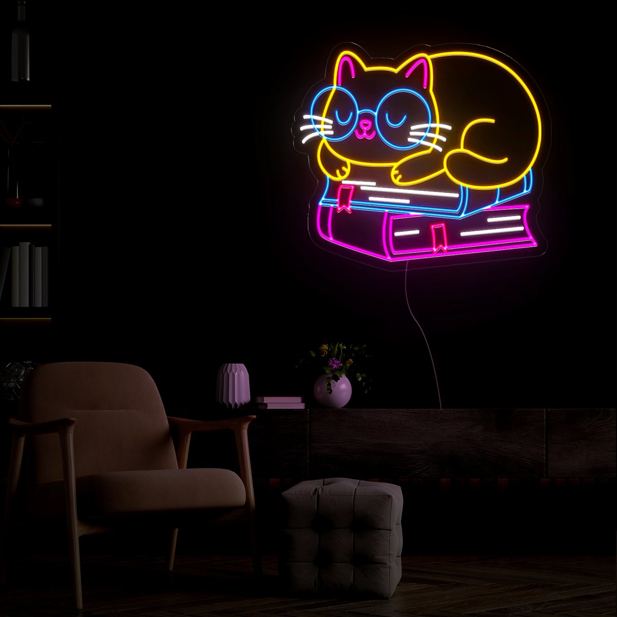 Cat On Books Neon Sign - Reels Custom