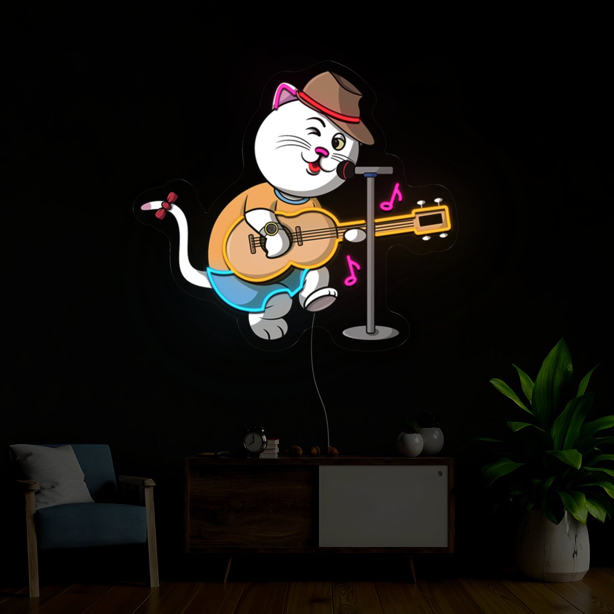 Cat Playing Guitar Cartoon Artwork Led Neon Sign - Reels Custom